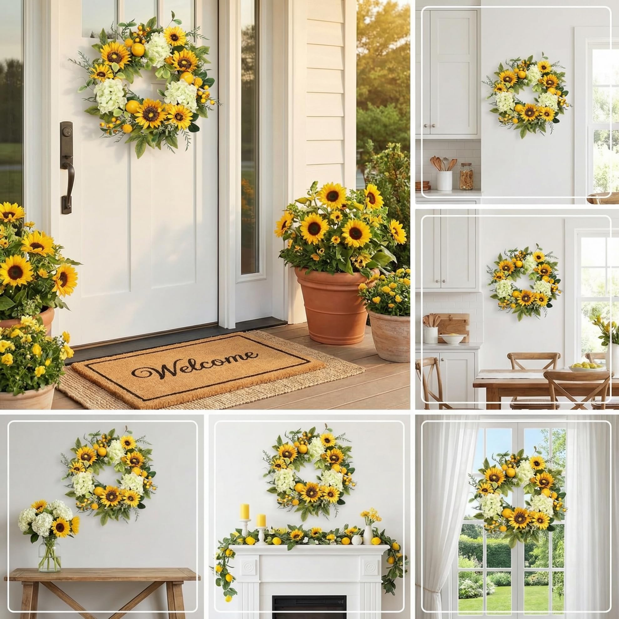 Pudate Sunflower Wreath hydrangea accents create a vibrant living room focal point.