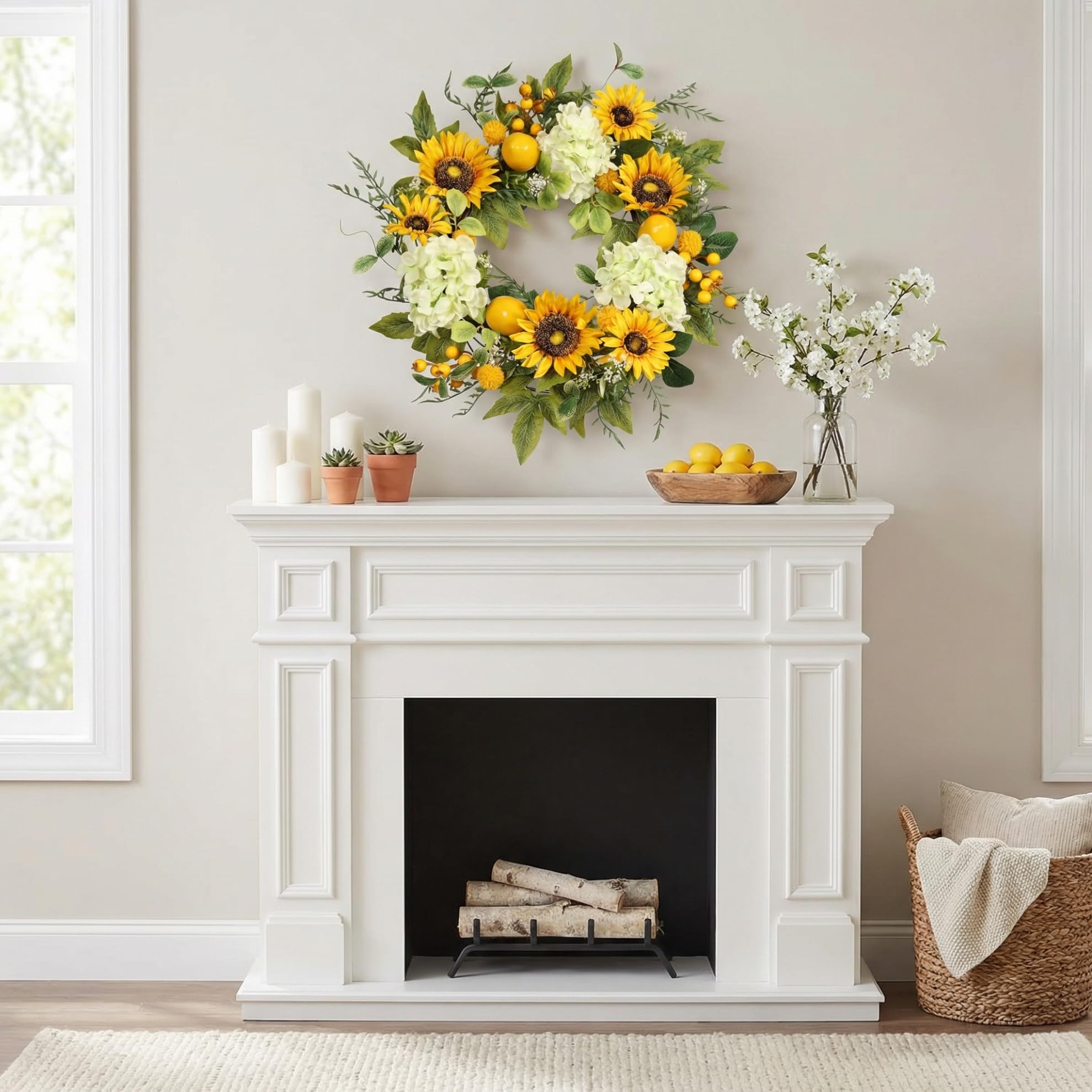 Pudate Sunflower Wreath lemons highlight a fresh entryway decor.