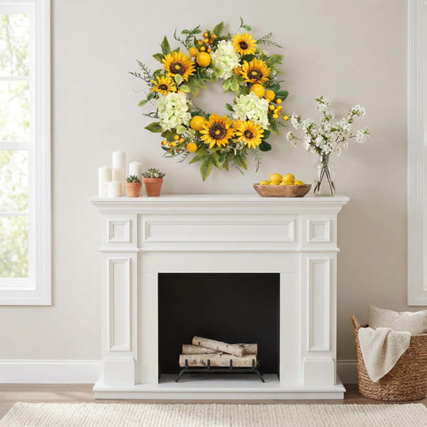 Pudate Sunflower Wreath lemons highlight a fresh entryway decor.