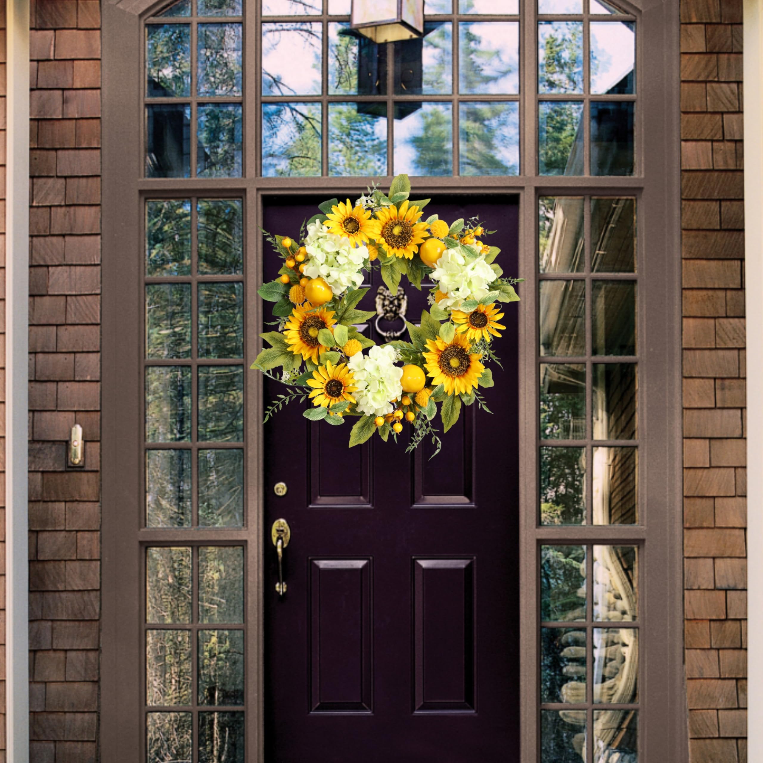 Pudate Sunflower Wreath porch display brings farmhouse charm year round.