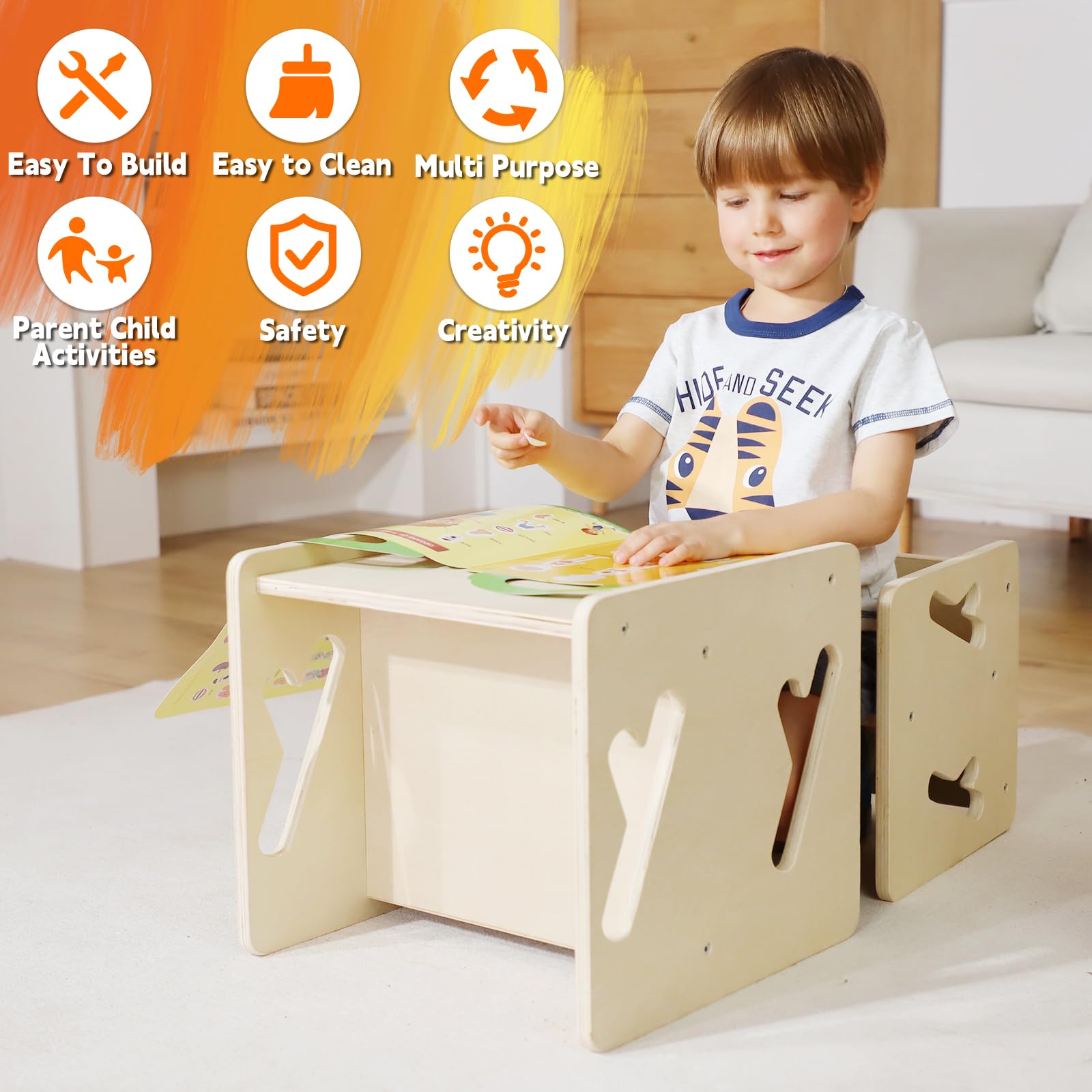 Puecrof smooth-finish solid wood surface; easy to wipe clean.