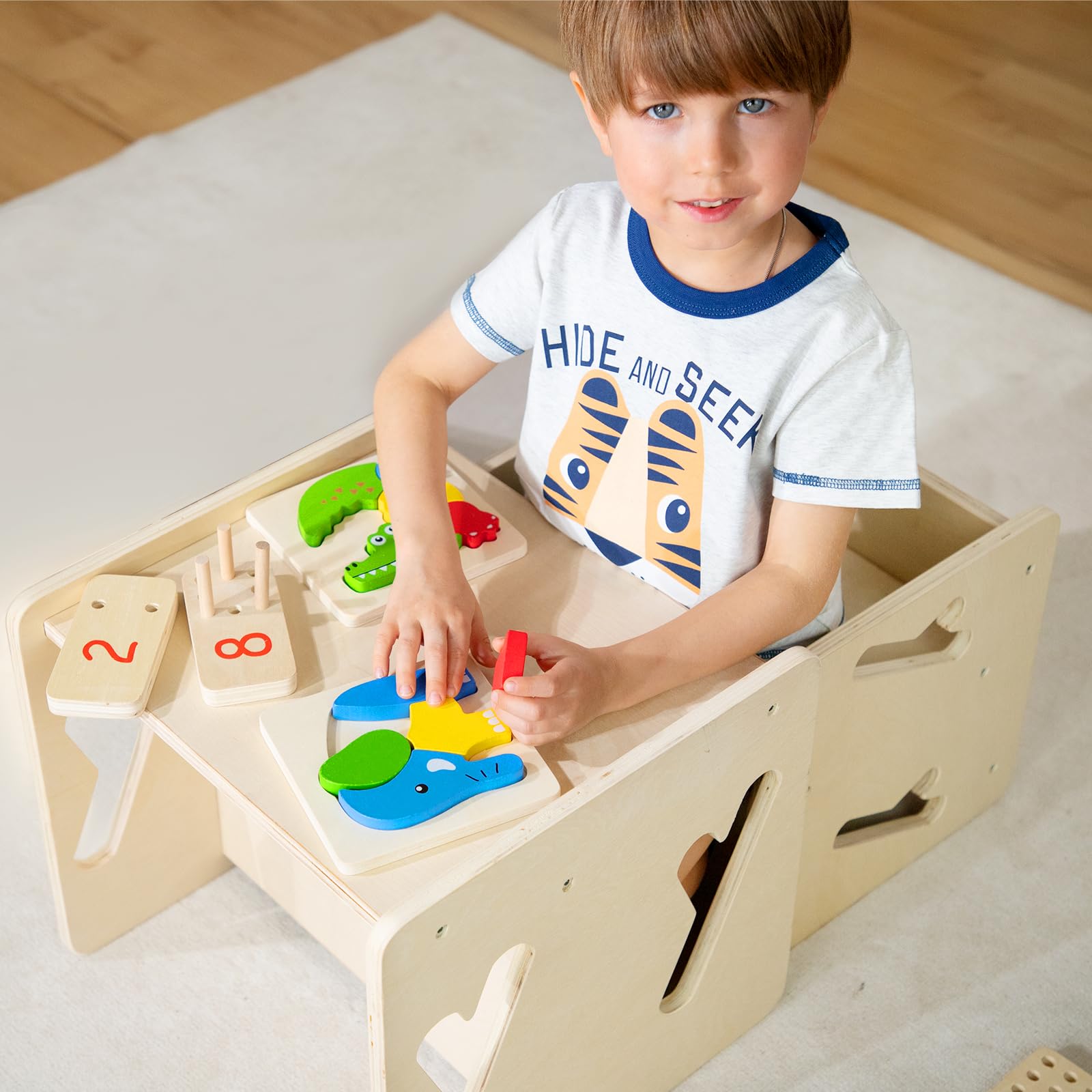 Puecrof kids table and chair used for meals, art, and quiet reading.