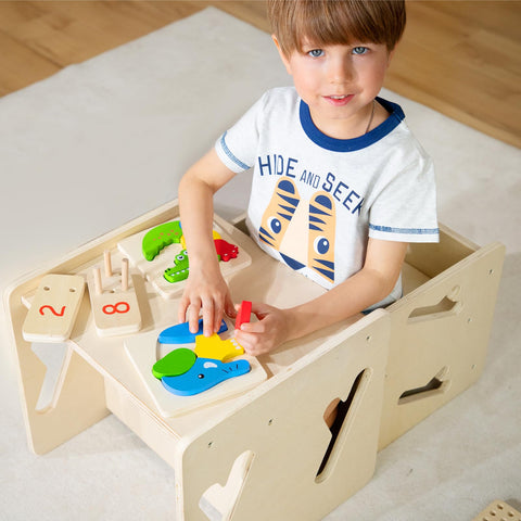 Puecrof kids table and chair used for meals, art, and quiet reading.