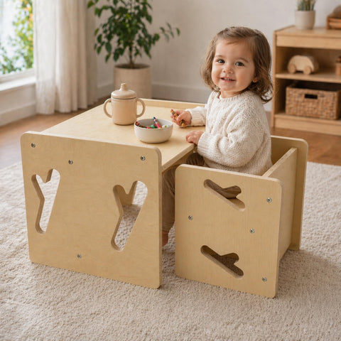 Puecrof Montessori weaning table and chair set—full setup for arts, meals, and homework.