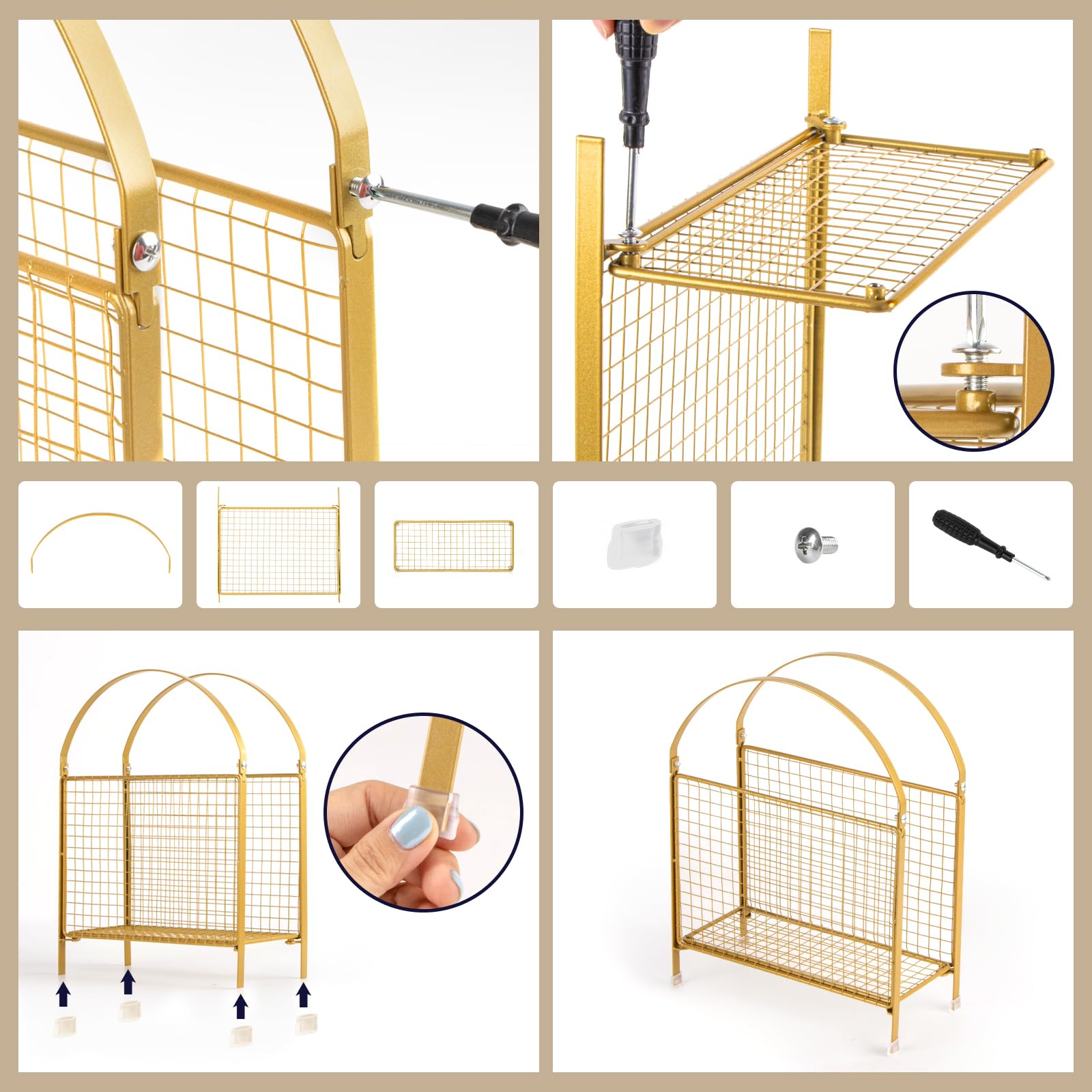 PUERSI assembly guide image shows handles and bottom mesh being attached.