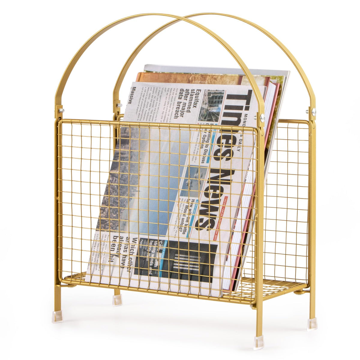 PUERSI freestanding magazine holder front view in gold, stylish magazine organization.
