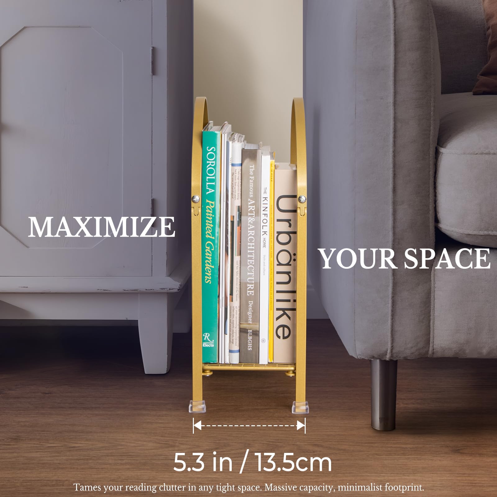 PUERSI living room organization with magazines; easy-to-reach storage in gold.