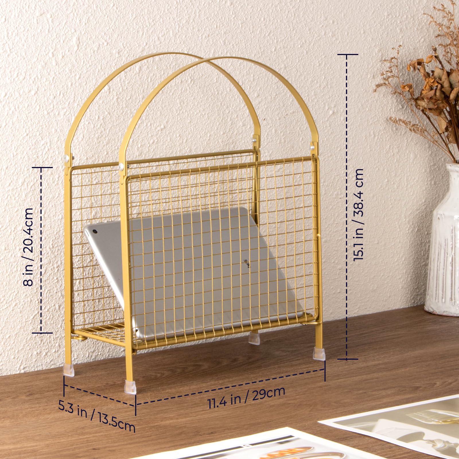 PUERSI vinyl record storage rack keeps music within reach on gold metal.