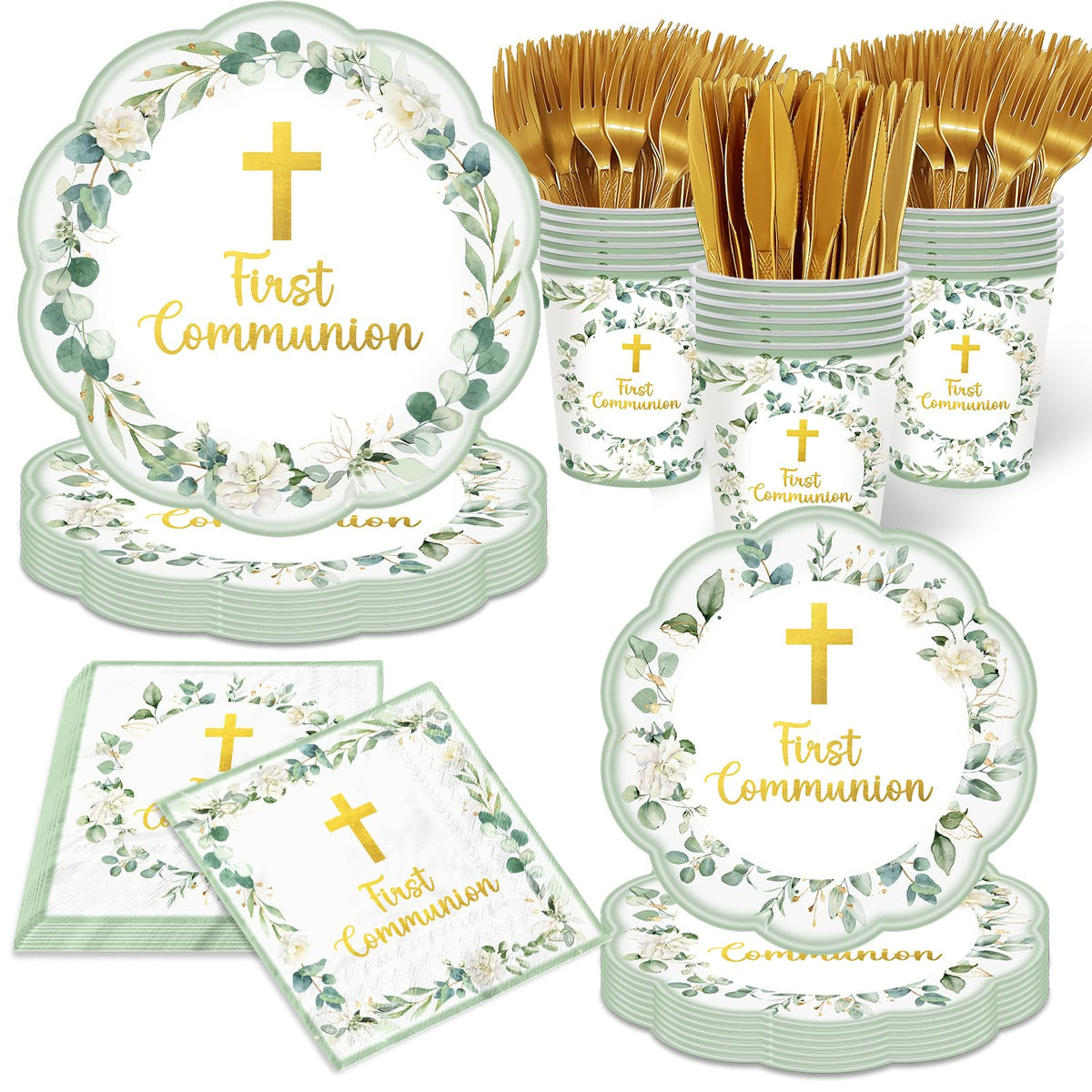 Pugipien green first communion plates set for elegant table decor and easy cleanup