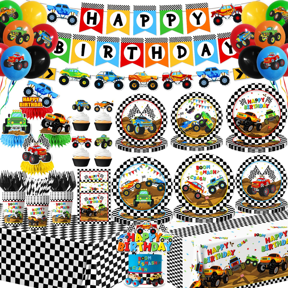 Pugipien Monster Truck banner adds bold color to kick off a festive party.