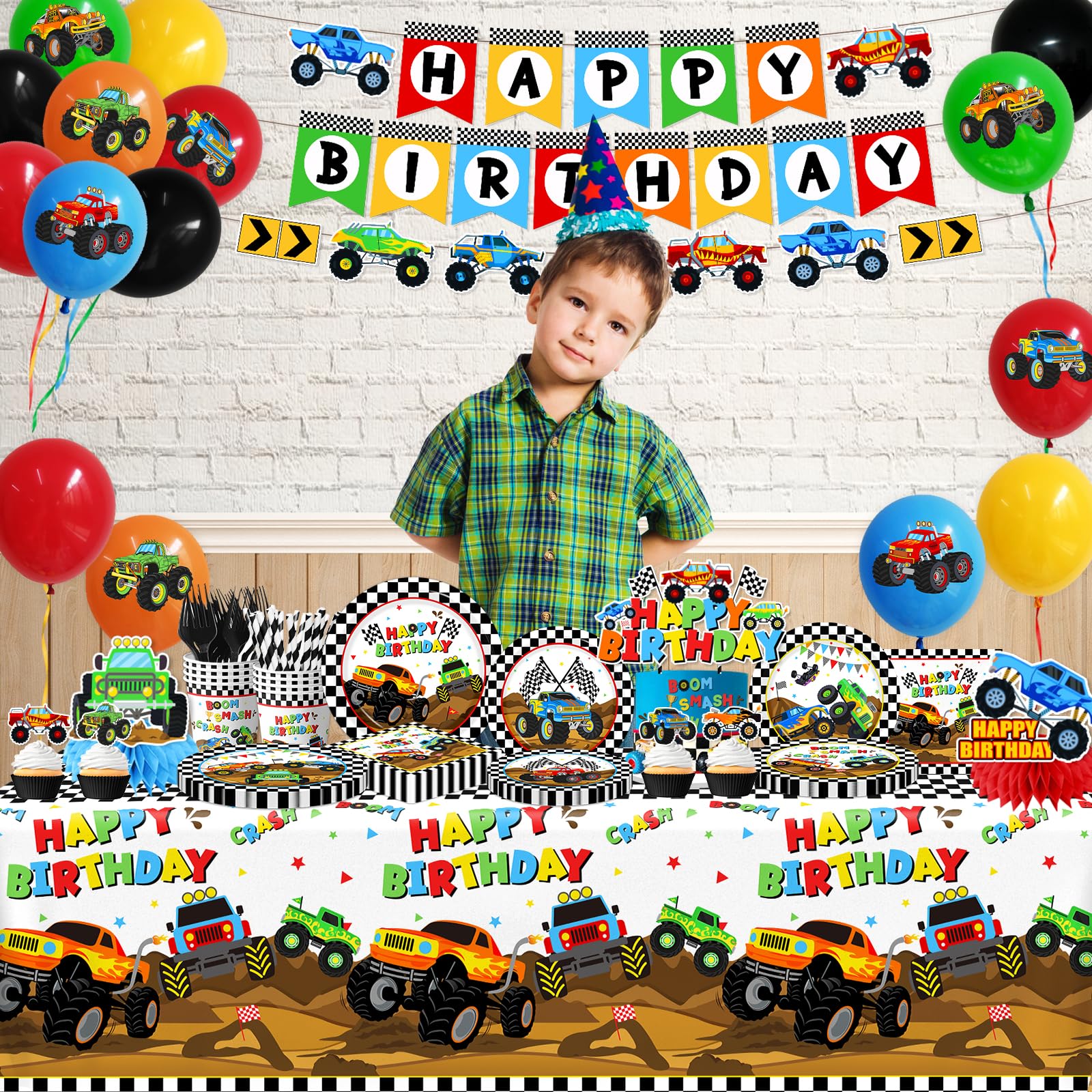 Pugipien Monster Truck tablecloth brightens the table for an energetic celebration.