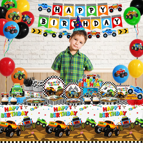 Pugipien Monster Truck tablecloth brightens the table for an energetic celebration.