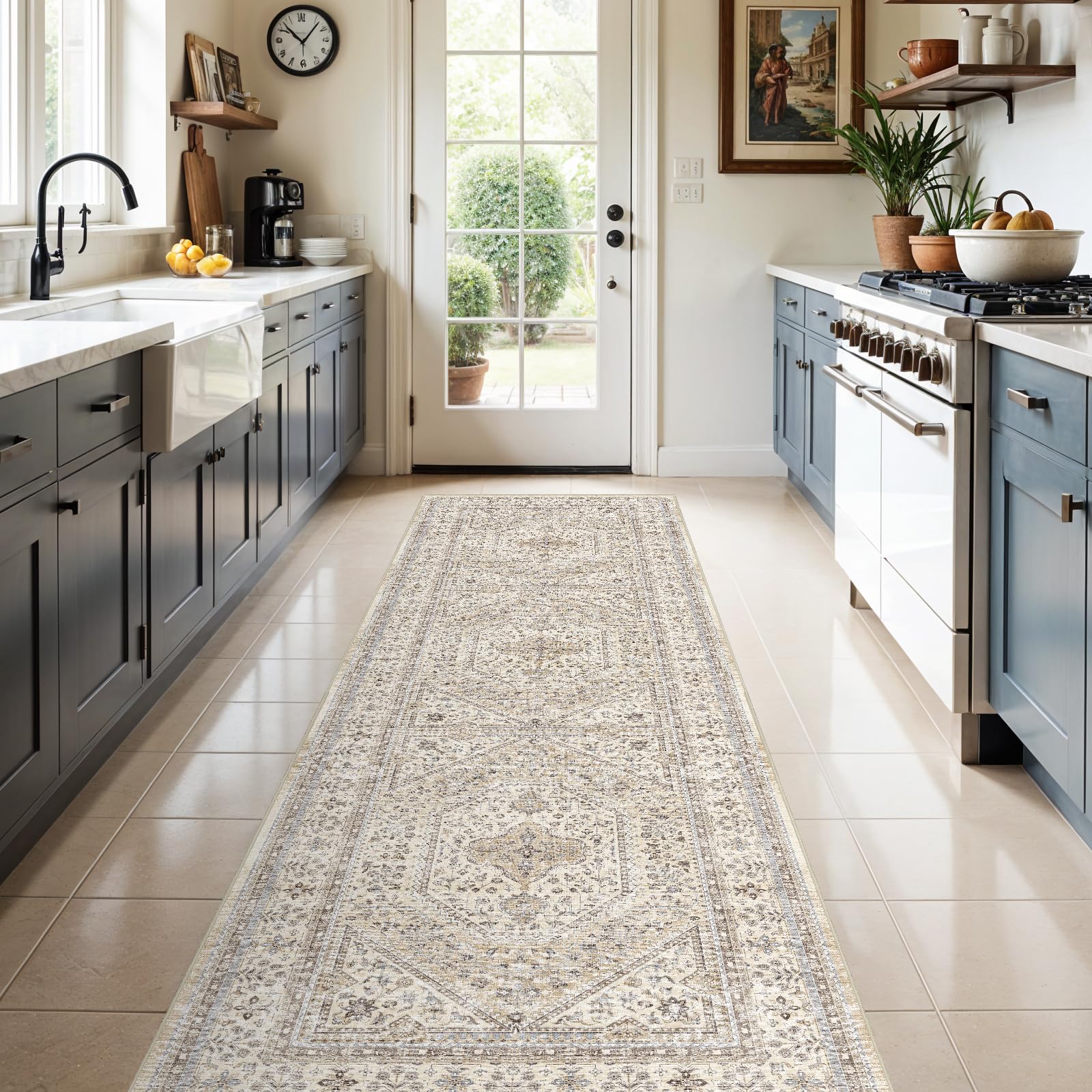 Puino 3x10 runner rug beige-gray with non-slip backing for hallway safety