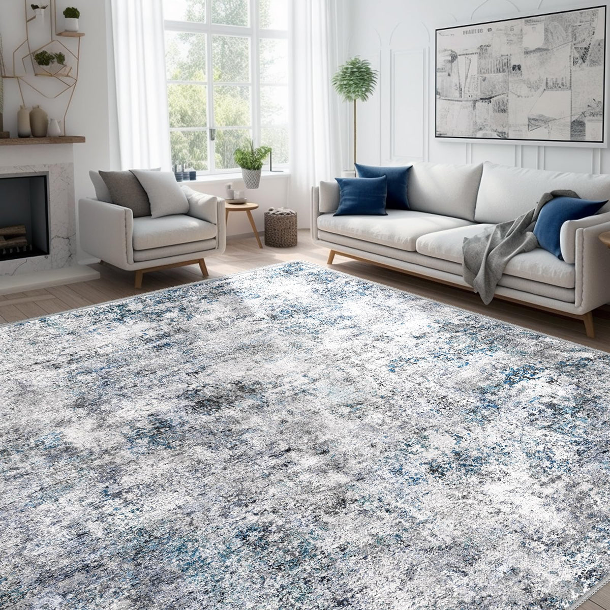Puino abstract 10x14 rug in blue-gray enhances modern living room style