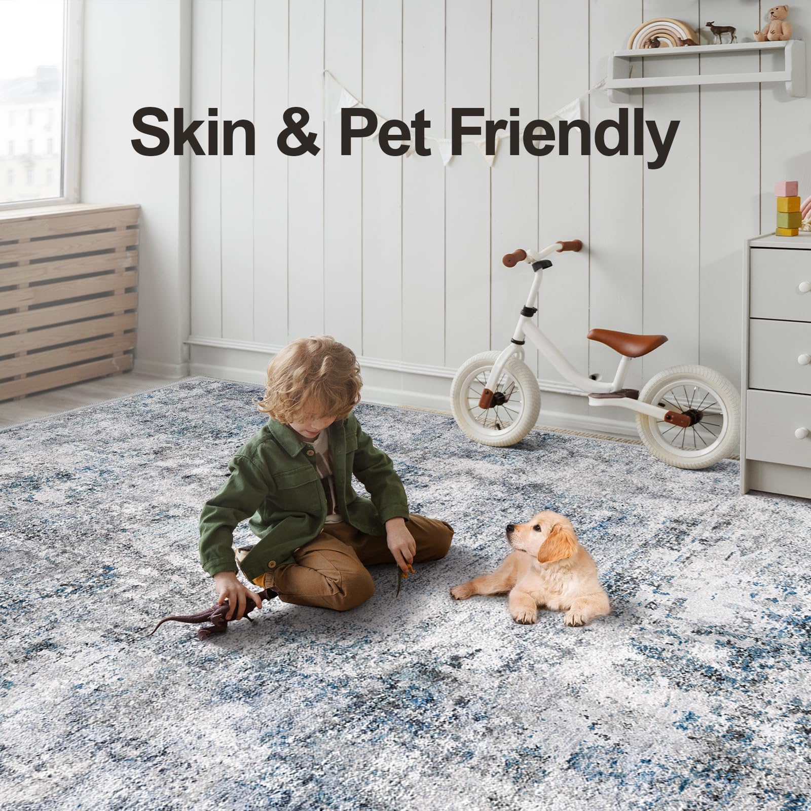 Puino large area rug defines dining or living spaces with distressed pattern