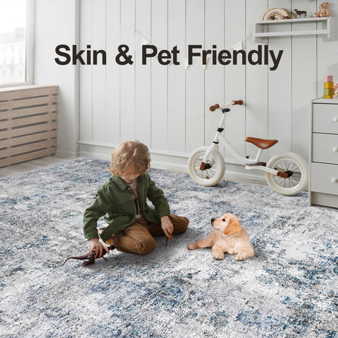 Puino large area rug defines dining or living spaces with distressed pattern