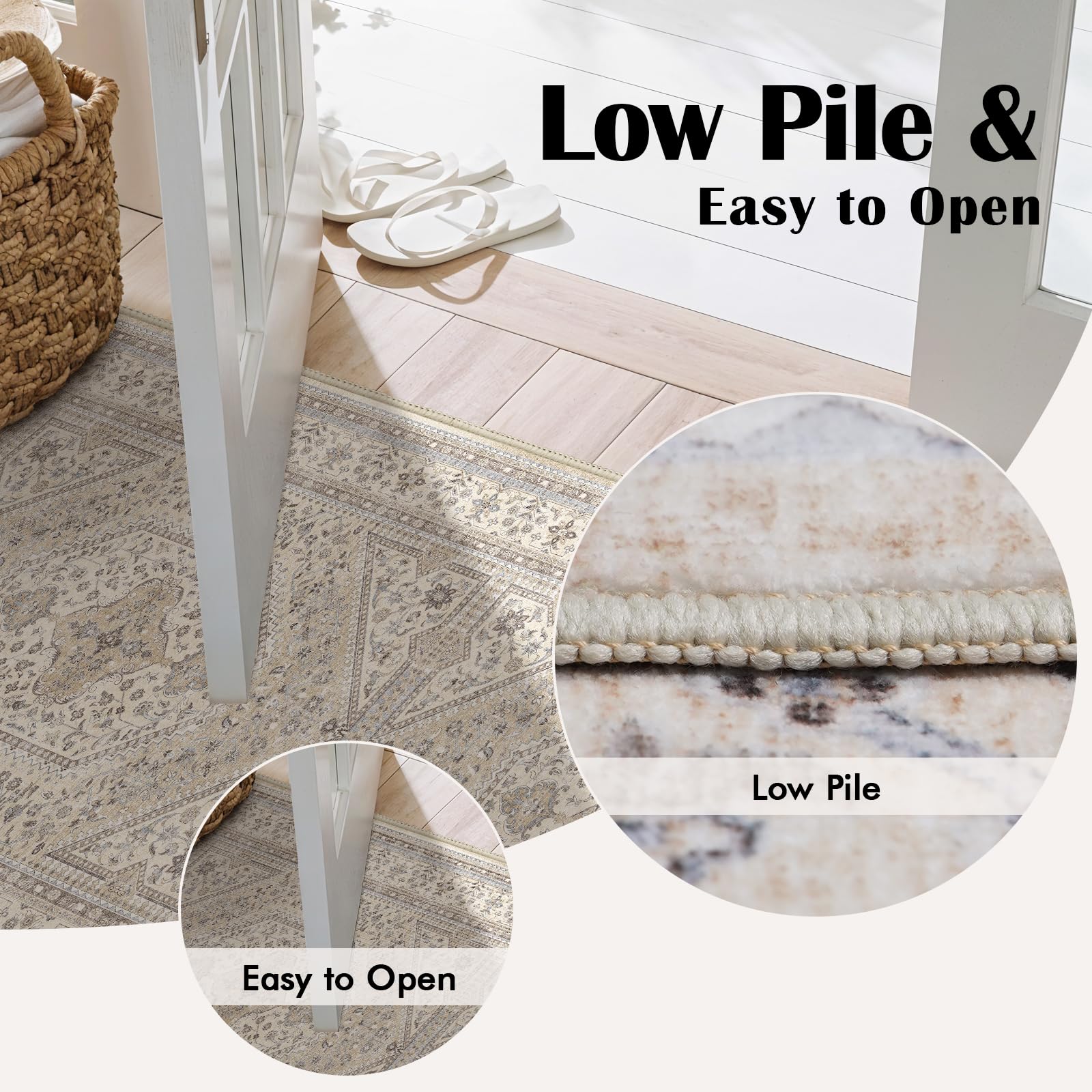 Puino low-pile runner rug under furniture and doors for easy clearance
