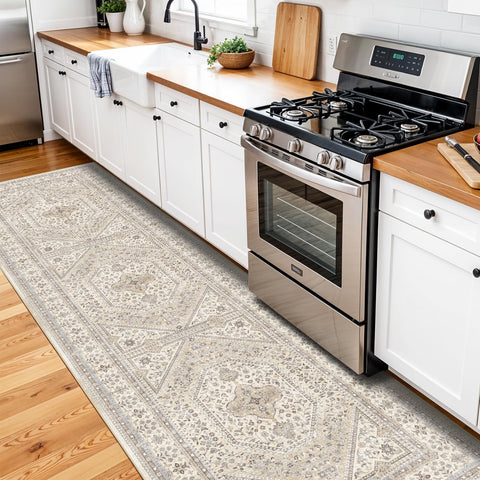 Puino vintage-pattern rug beige-gray enhances bedrooms and entryways