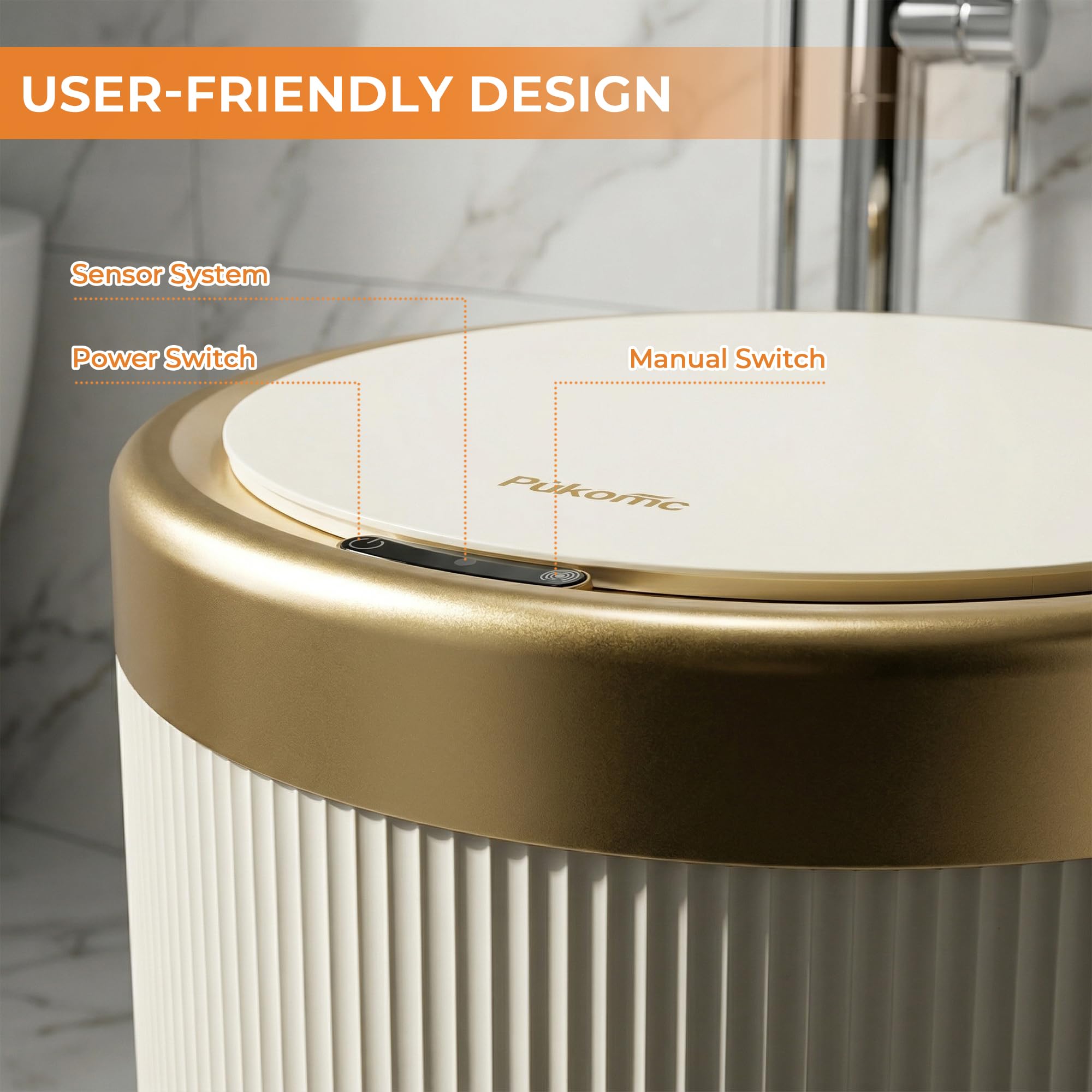 Pukomc IPX5 waterproof trash bin highlights moisture resistance in bathrooms.