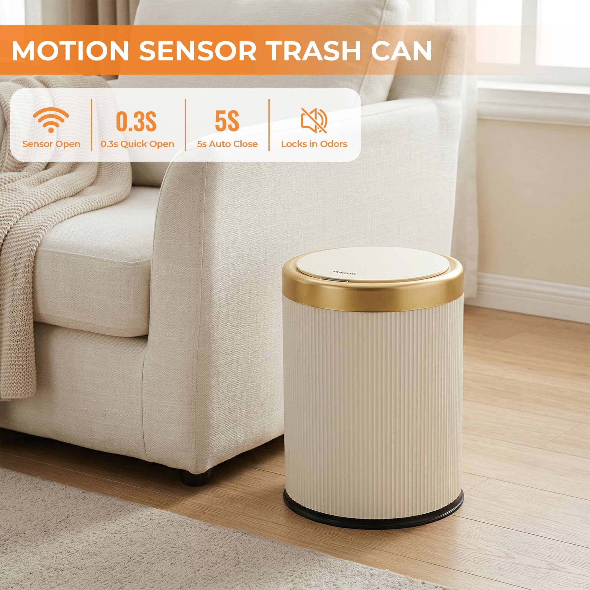 Pukomc motion sensor trash bin opening demonstrates hands-free convenience.