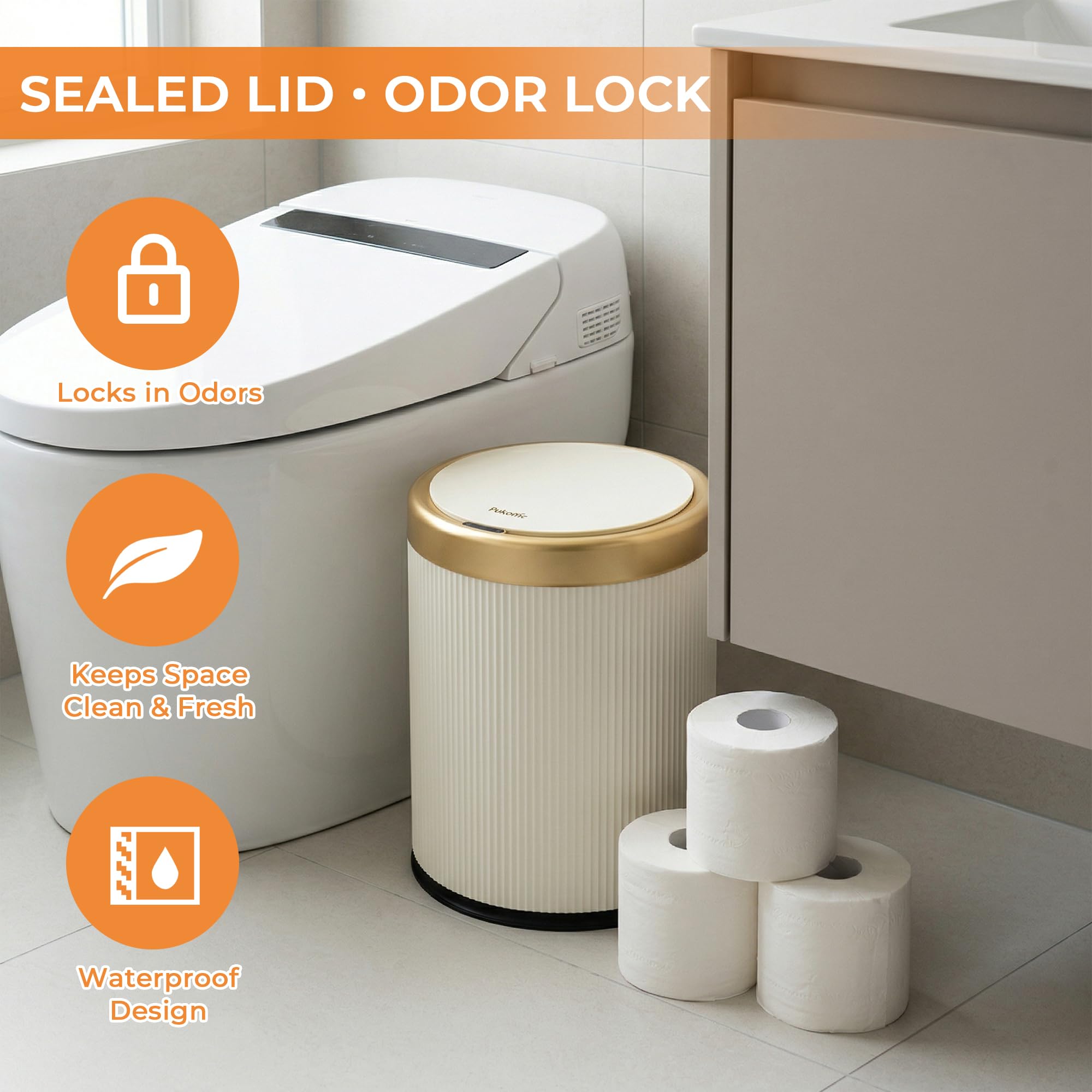 Pukomc modern trash bin integrated into office or home décor.