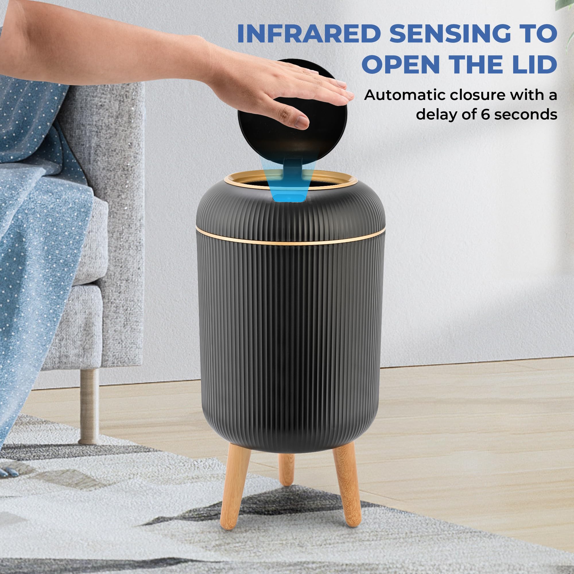 Pukomc Smart Sensor Wastebasket lid open showing hands-free access for quick disposal