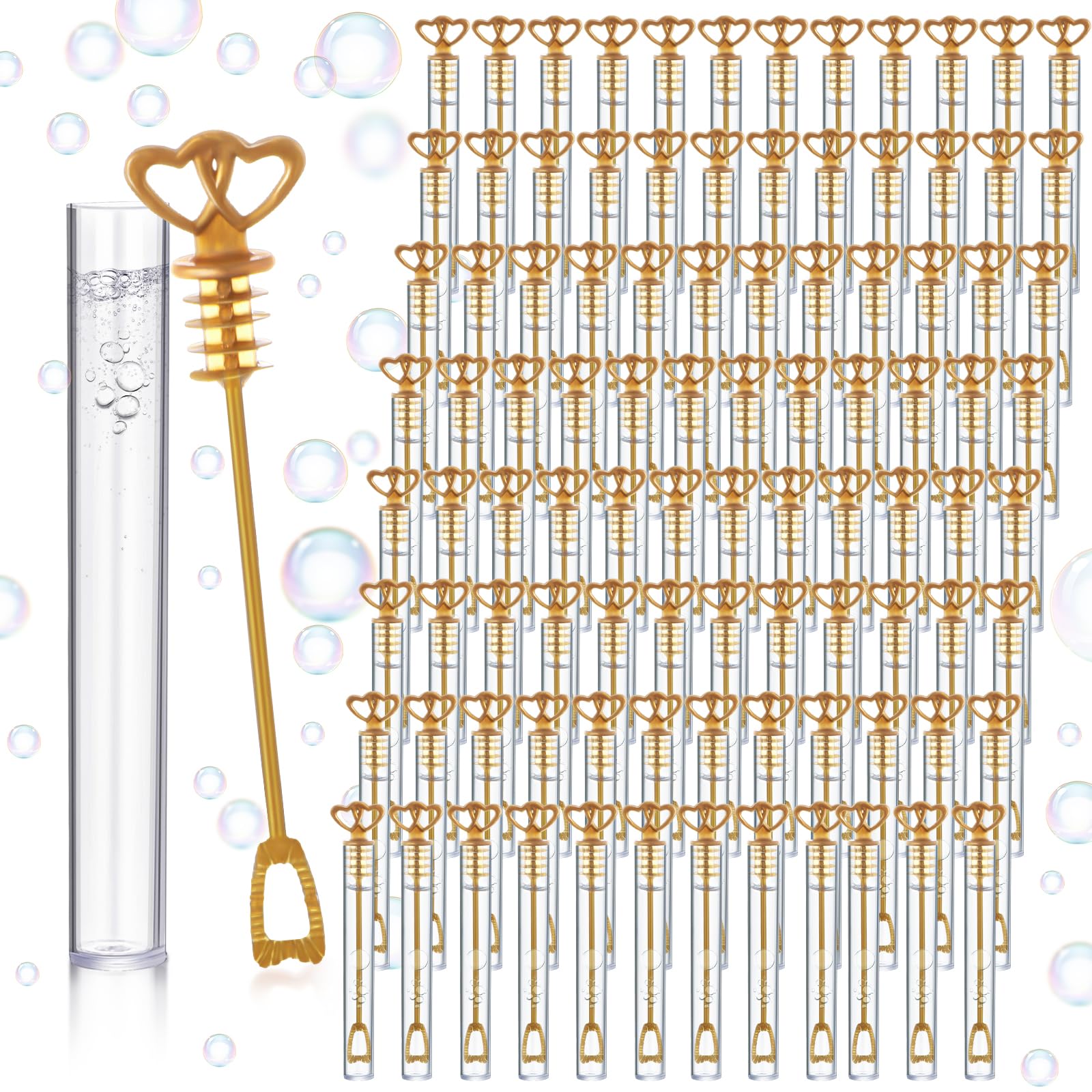 PullCrease bubble wand with gold double-heart design for weddings and celebrations.