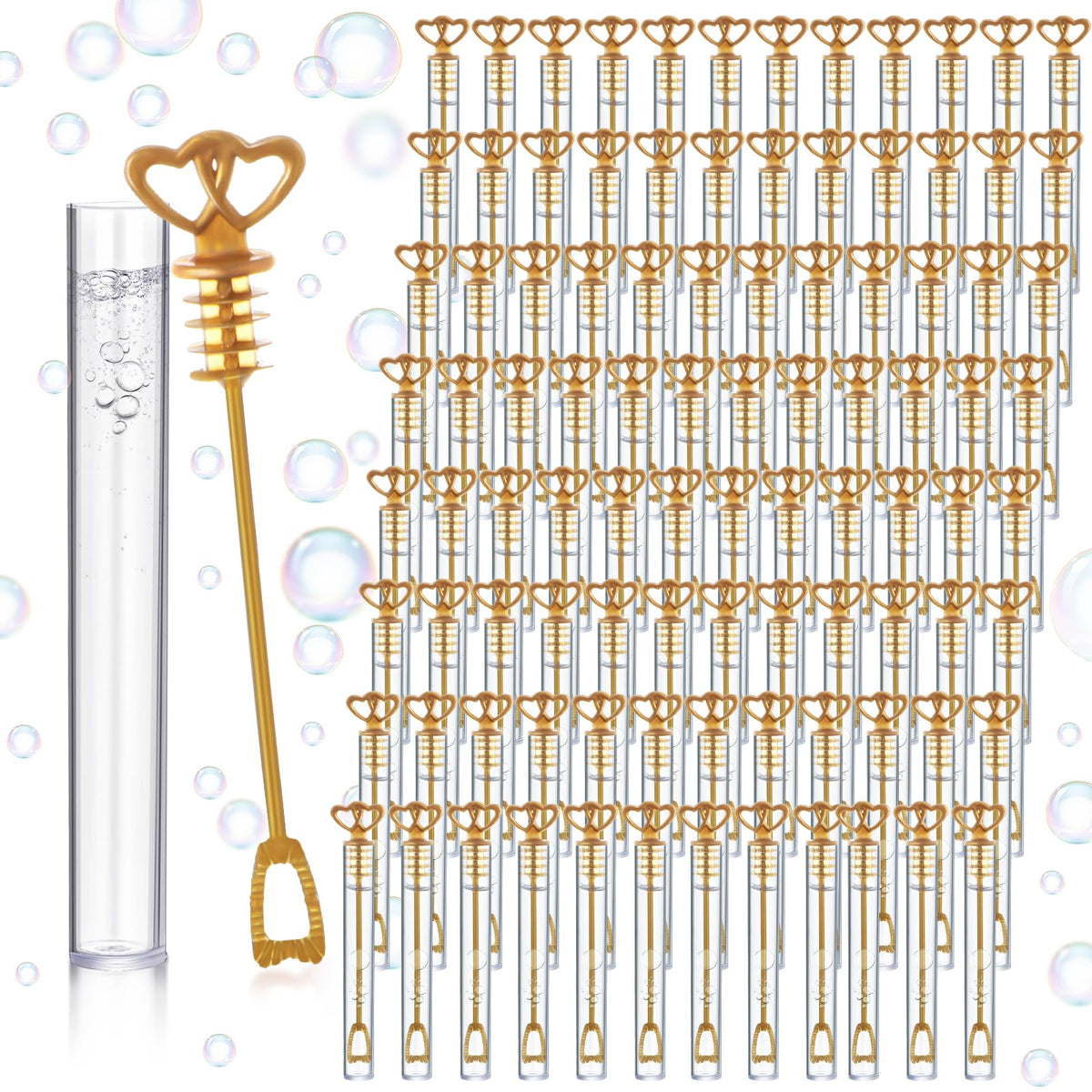 PullCrease bubble wand with gold double-heart design for weddings and celebrations.
