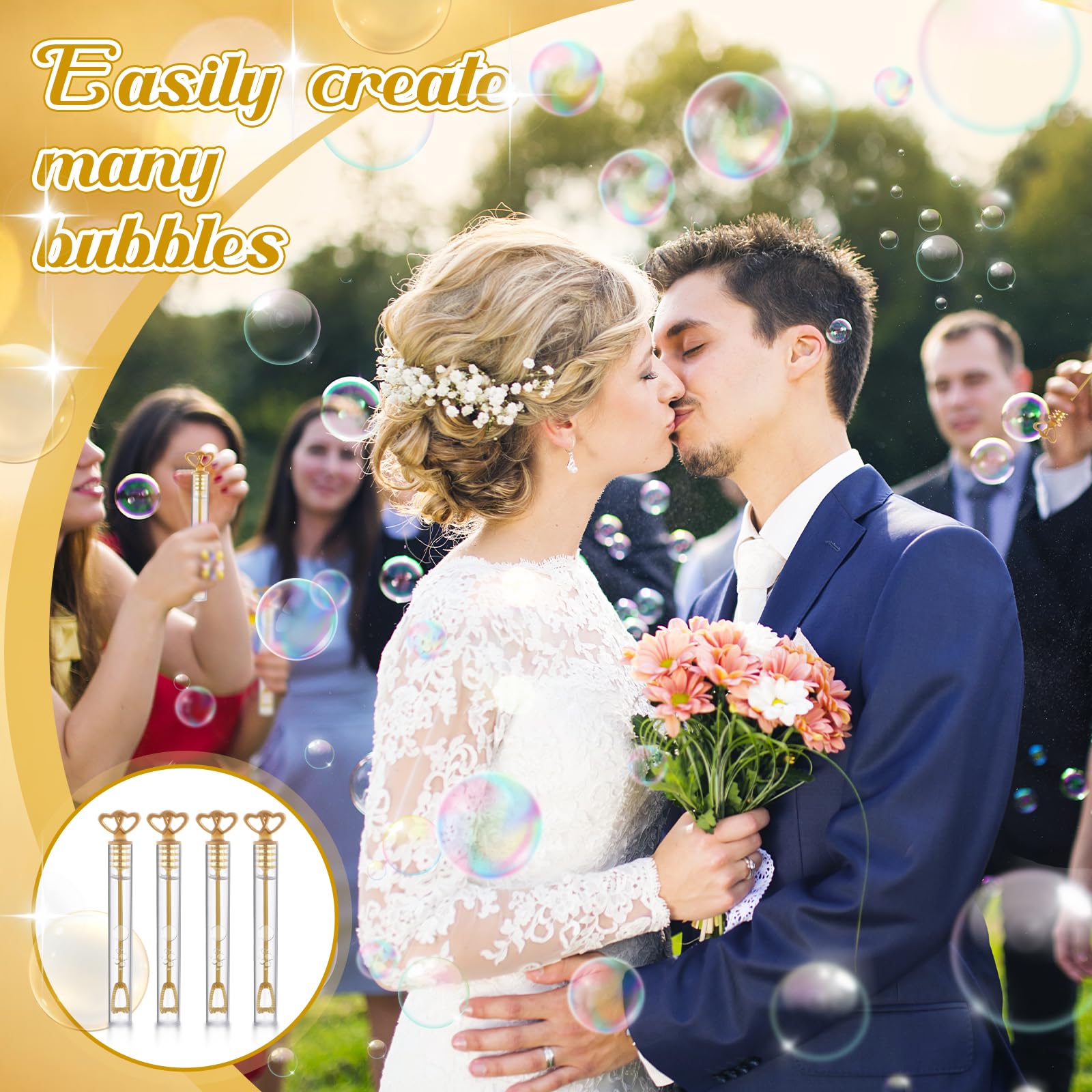 PullCrease gold double-heart bubble wand close-up showing compact, leak-resistant design.