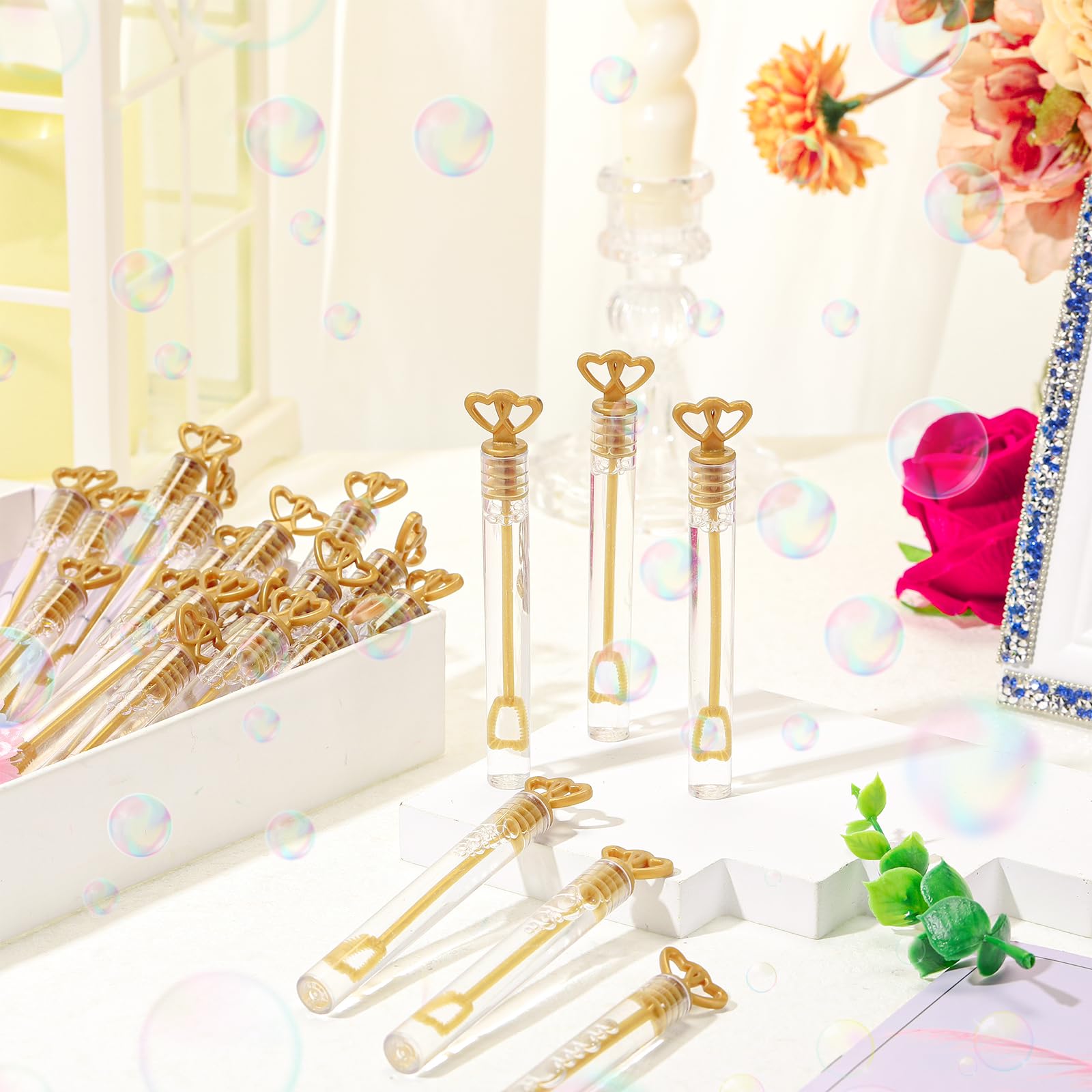 PullCrease gold double-heart bubble wand featured in bridal shower setup.