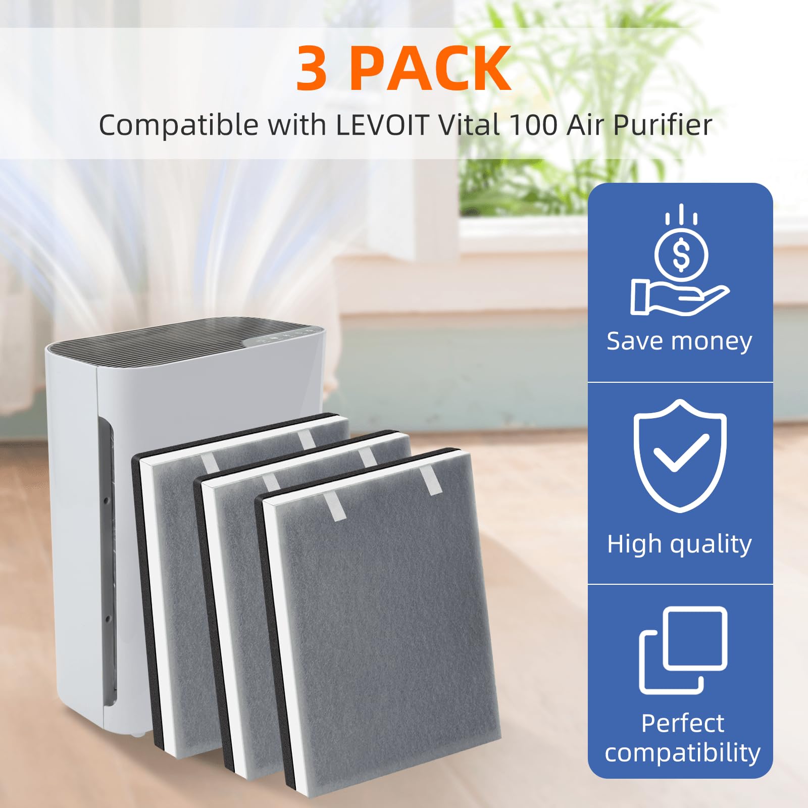 Pulluty Vital 100 packaging label shows compatibility information for LEVOIT Vital 100.
