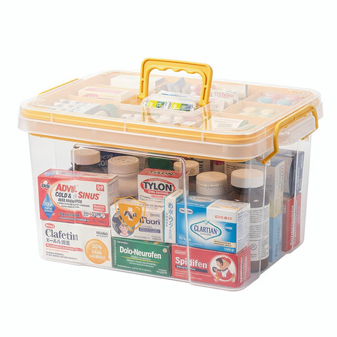 Pulseplay Clear Medicine Storage Box with Handle shown for easy on-the-go organization.