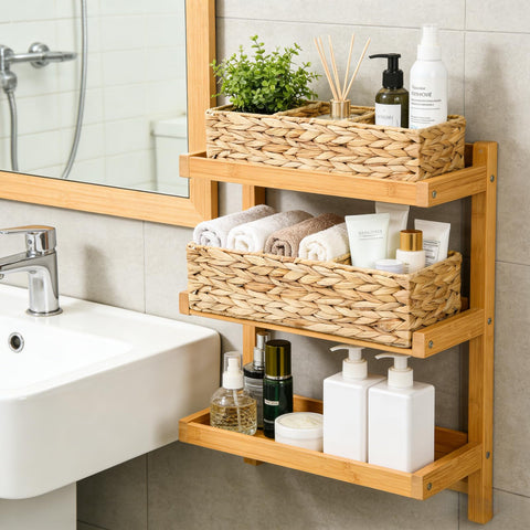 Pumtus countertop storage bin in wood tone on a shelf