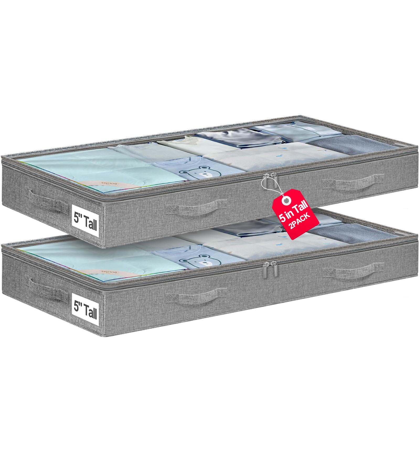 Punemi 5-inch high under-bed storage in grey, slim profile fits under crib or couch.