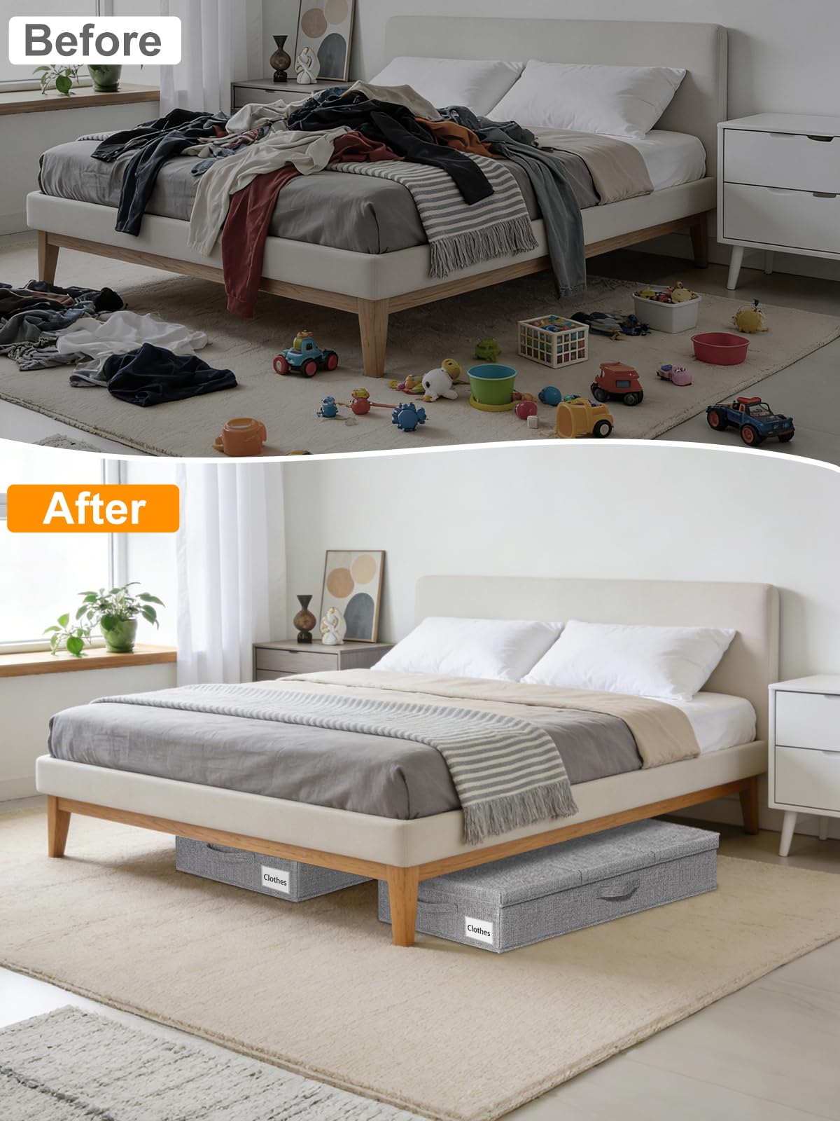 Punemi under-bed storage for clothes and shoes in a tidy dorm setup.