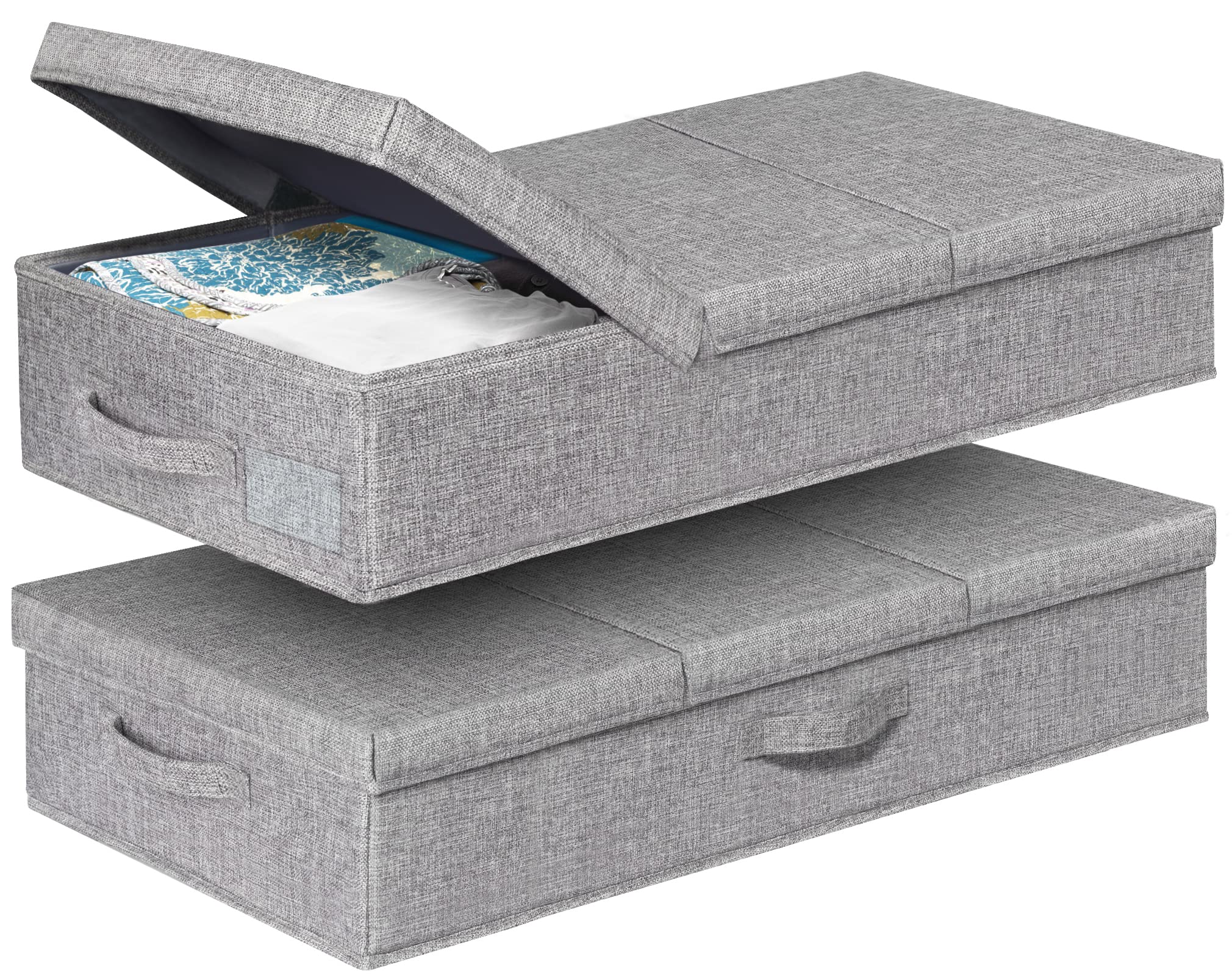 Punemi under-bed storage with lids showing three-part opening for quick access to items.
