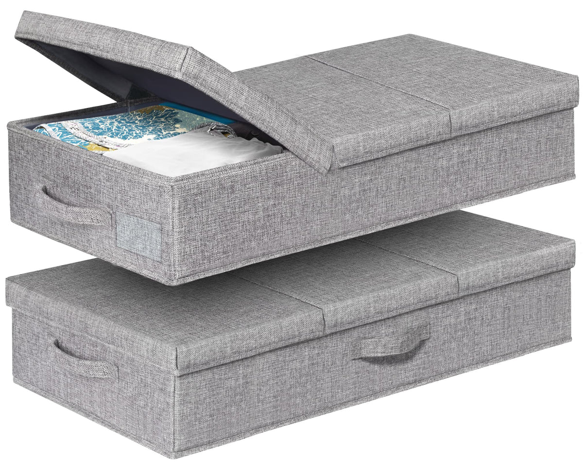 Punemi under-bed storage with lids showing three-part opening for quick access to items.