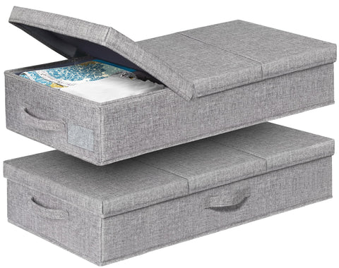 Punemi under-bed storage with lids showing three-part opening for quick access to items.