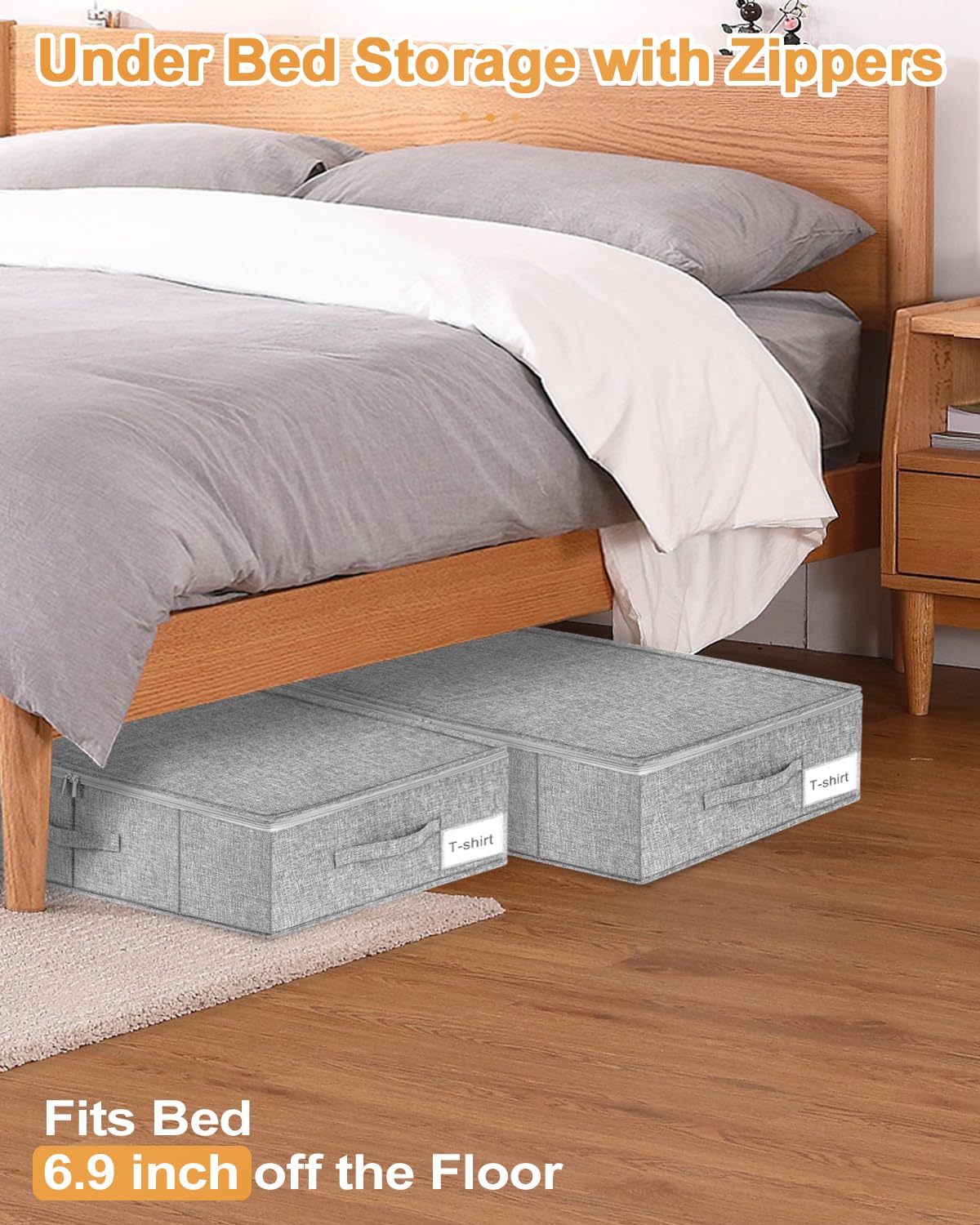 Punemi underbed storage with three handles for easy pulling from under the bed.