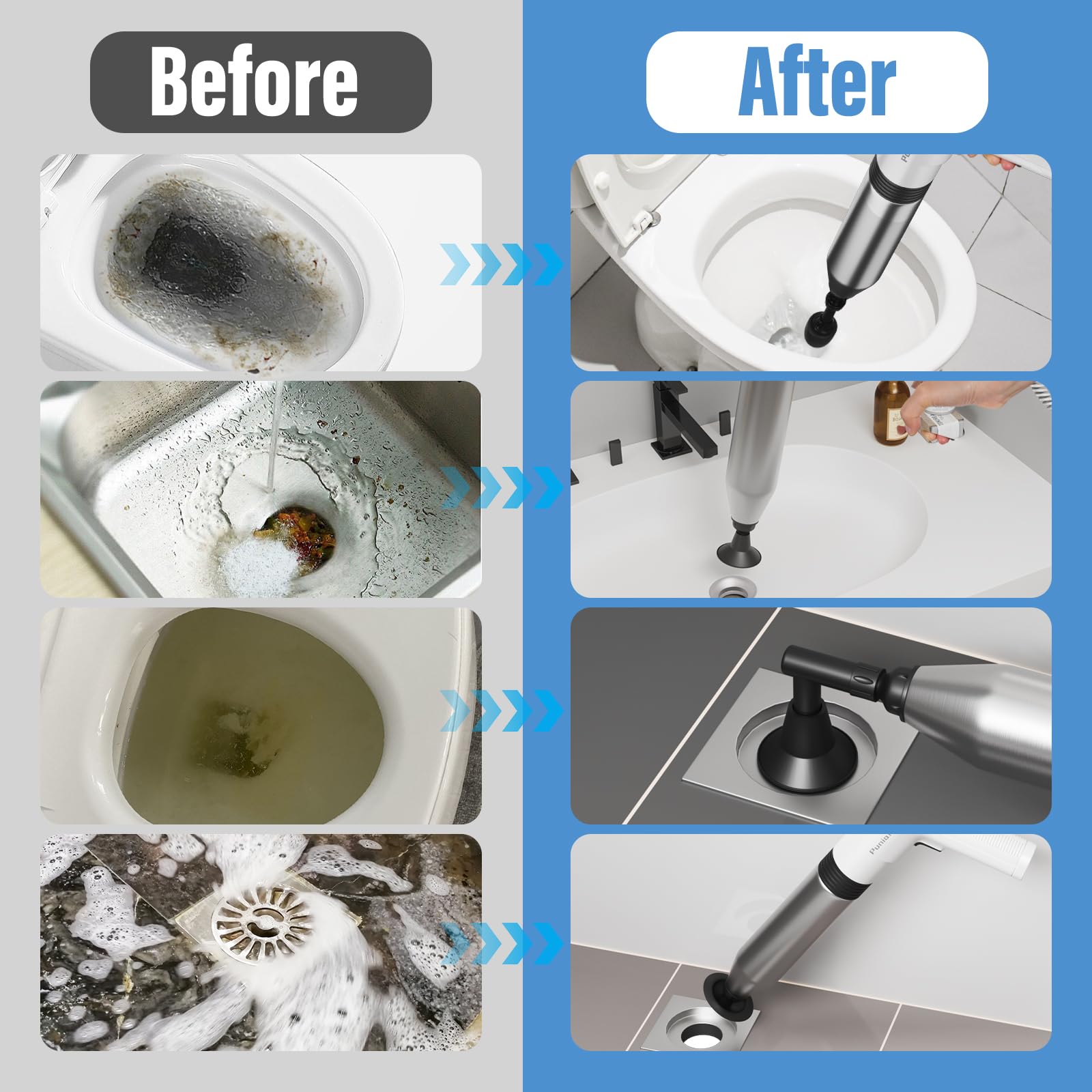 Puniarmu electric toilet plunger in use clearing a toilet quickly.