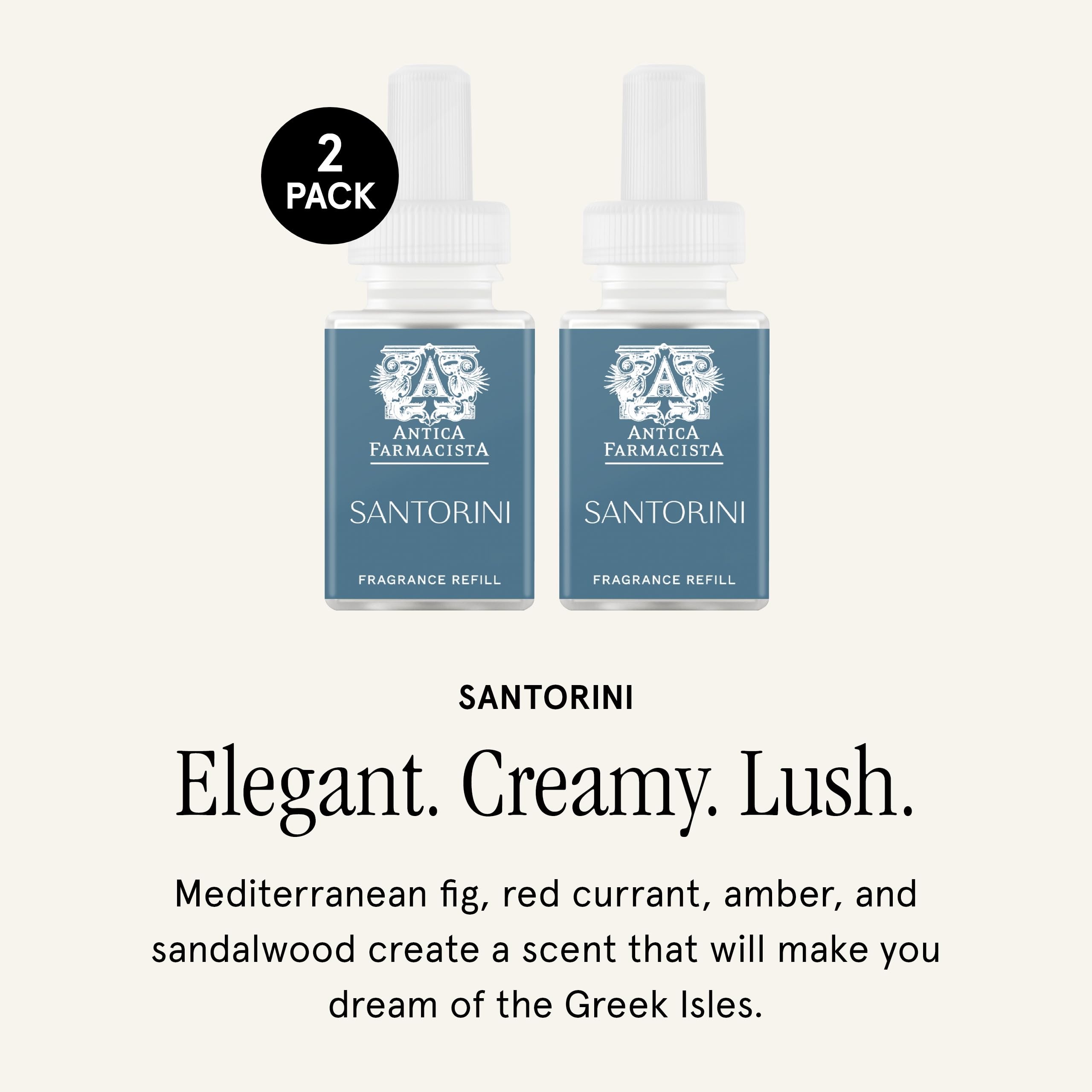 Pura Antica Farmacista Santorini refill pack back view with scent notes