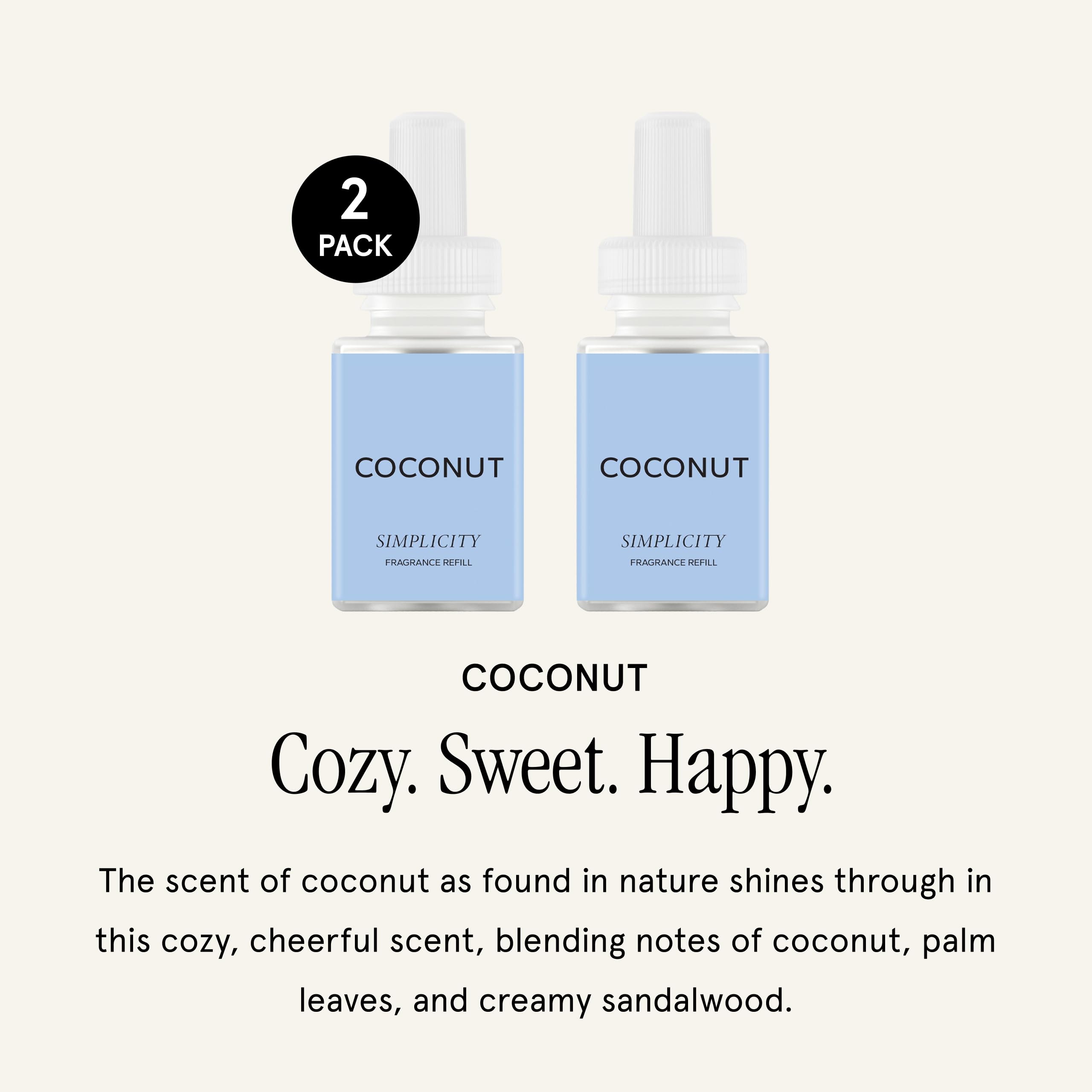 Pura Coconut refill bottle close-up reveals coconut and sandalwood hints for luxury ambience.