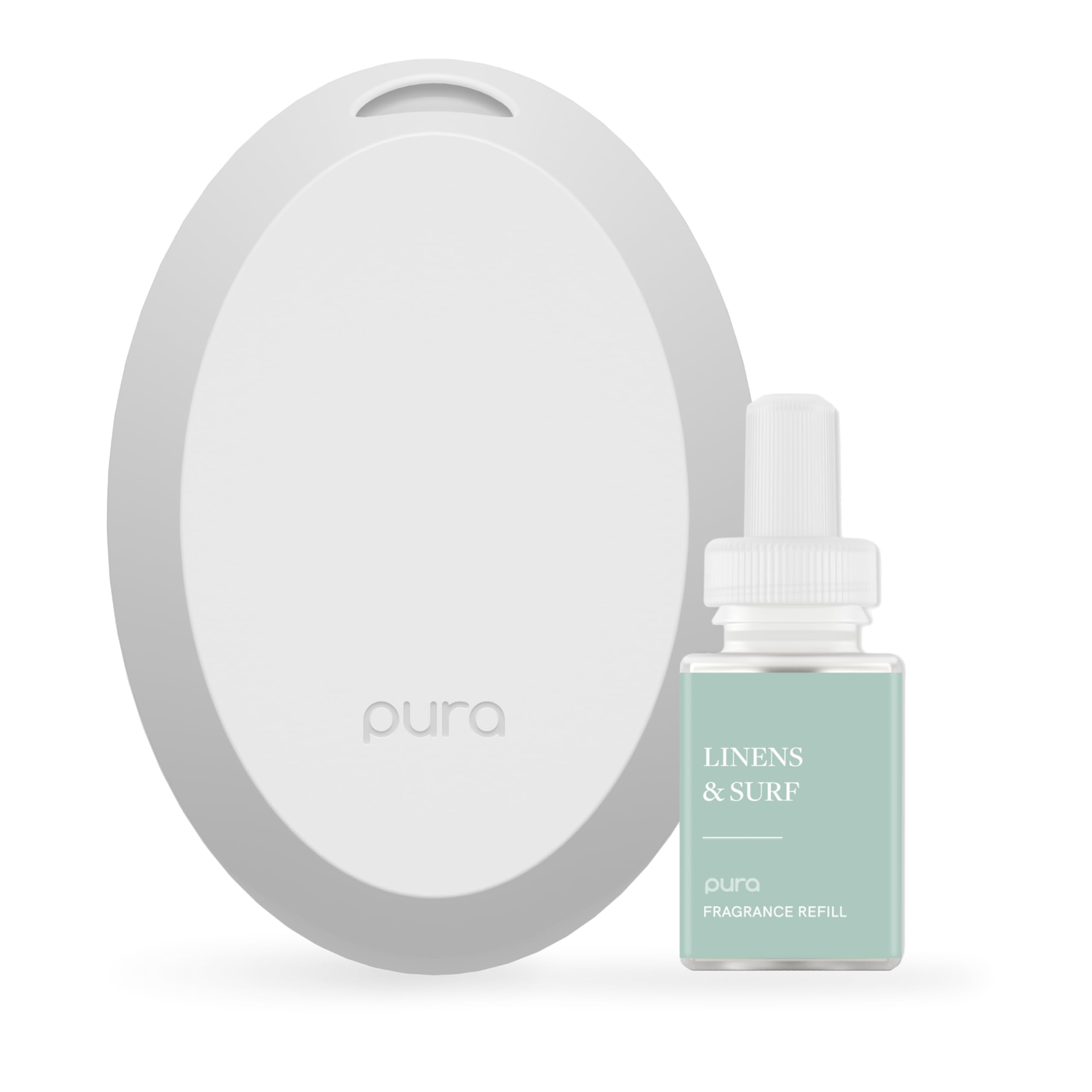 Pura Mini diffuser on a nightstand with a soft LED glow for ambient fragrance