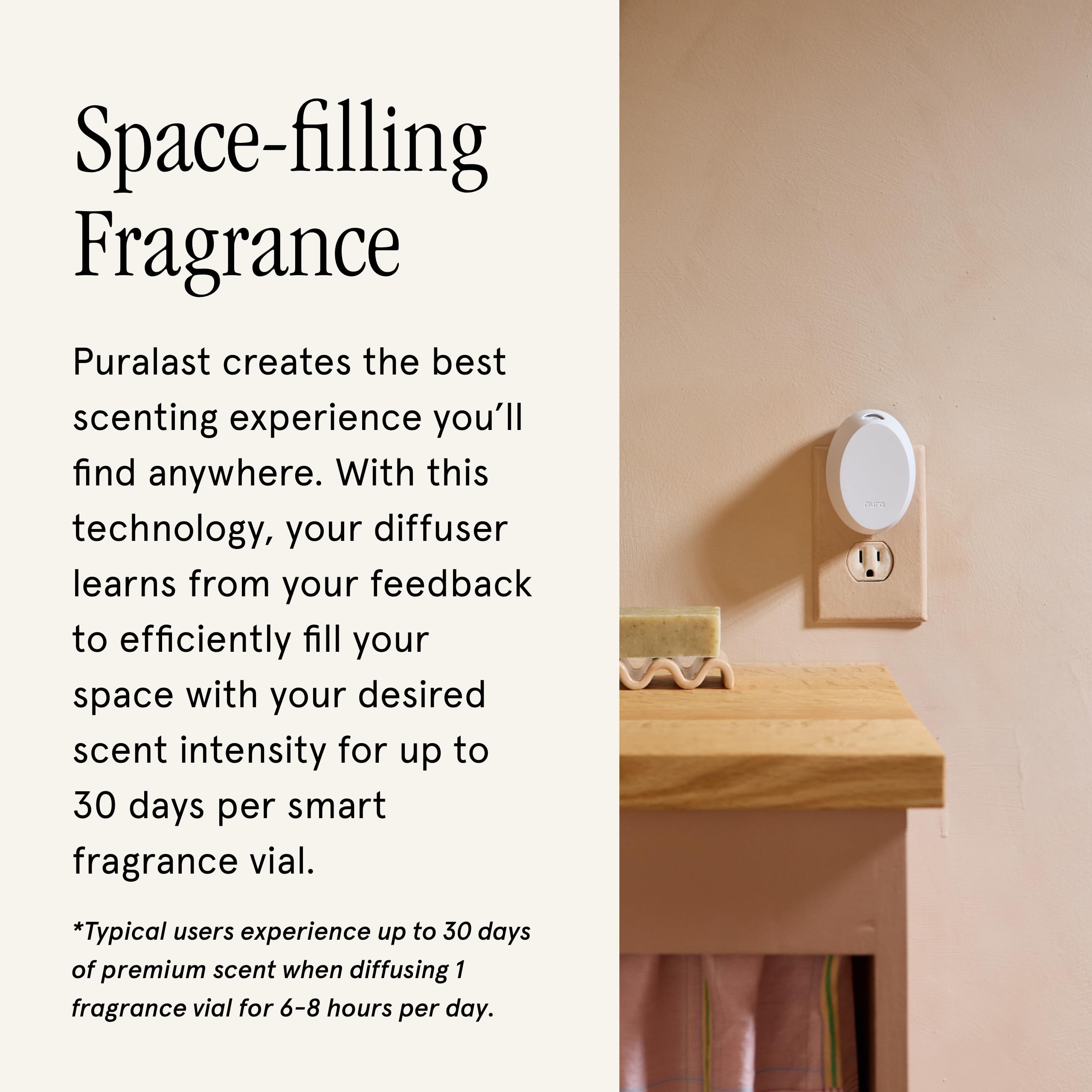 Pura Mini in a bathroom showing space-saving fragrance solution