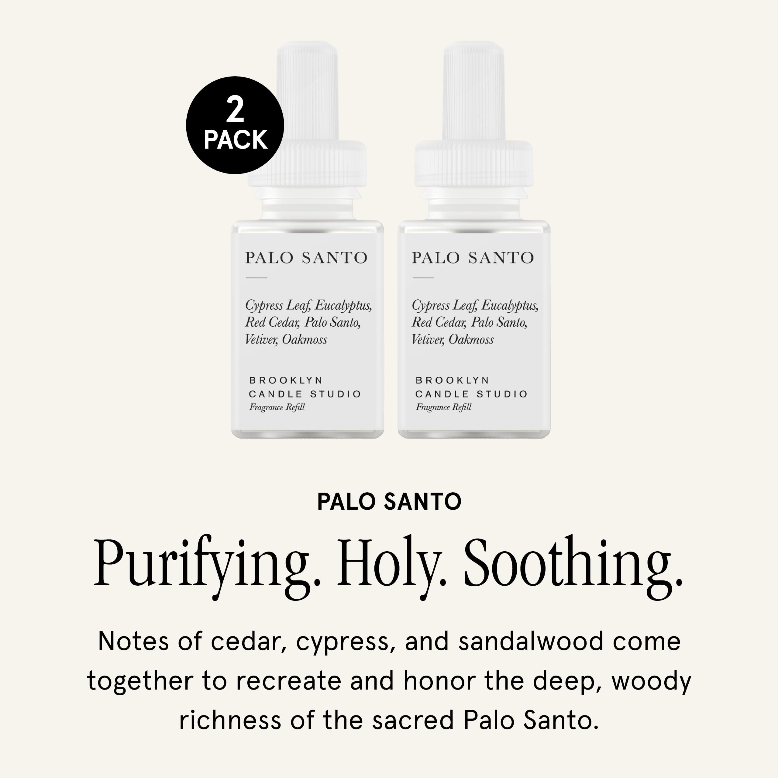 Pura refill bottle showcases Palo Santo notes of cedar, cypress, and sandalwood for rich ambiance.