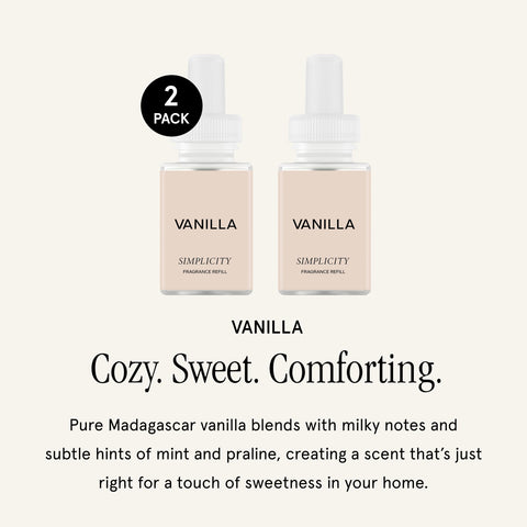 Pura & Simplicity vanilla refill packaging highlights premium fragrance and ethical sourcing.