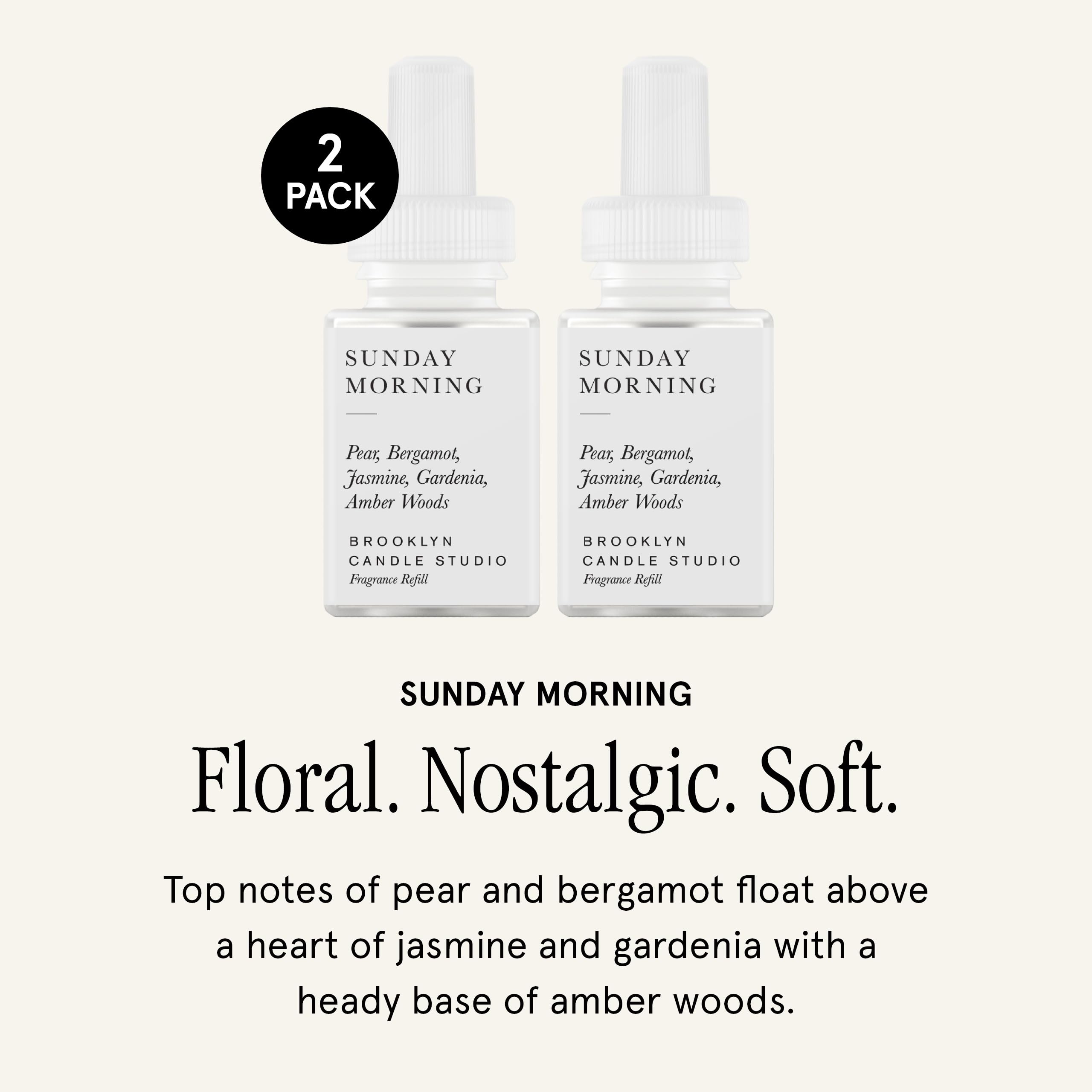 Pura Sunday Morning top notes pear and bergamot for a bright opening.