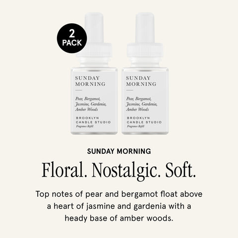 Pura Sunday Morning top notes pear and bergamot for a bright opening.