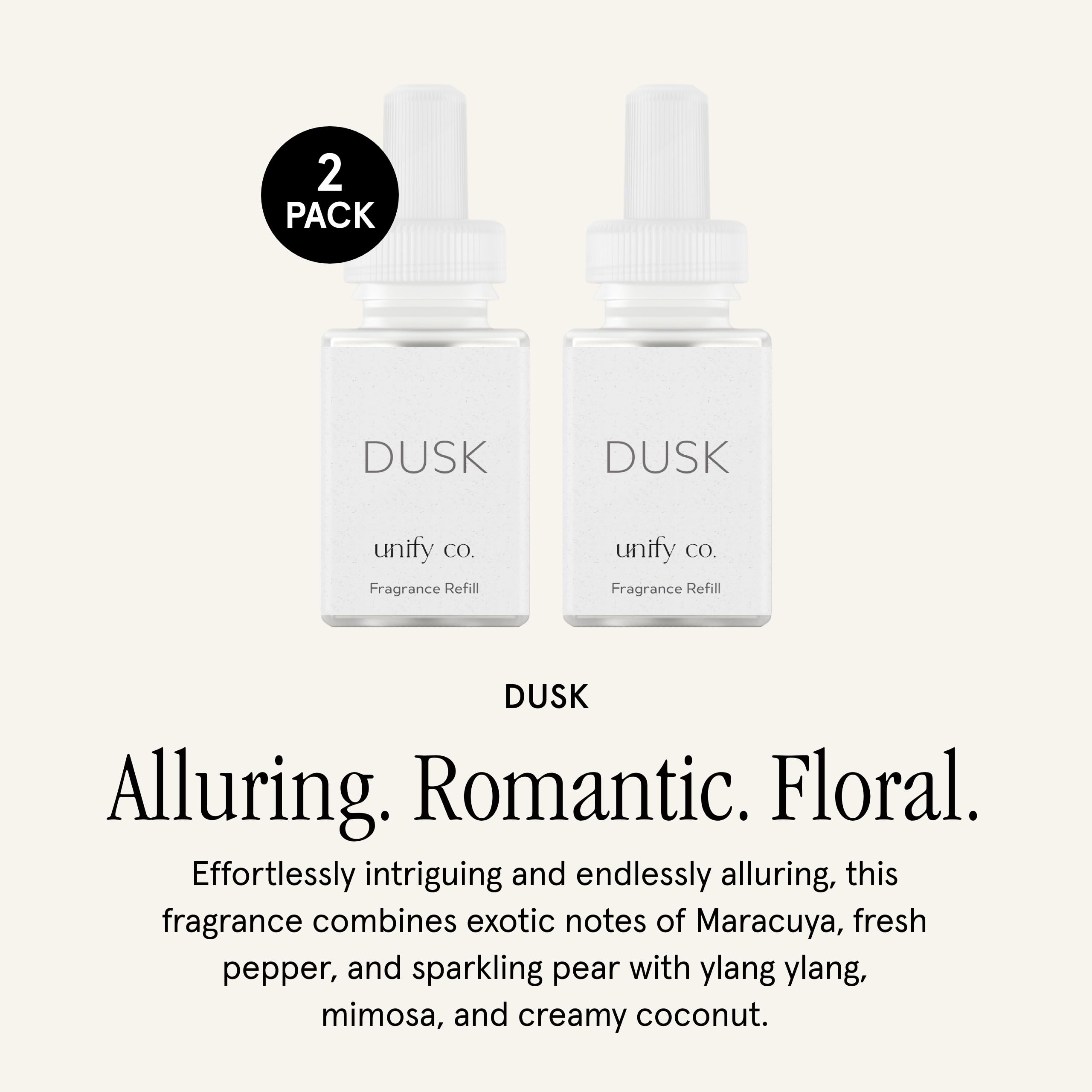 Pura Unify Co Dusk fragrance bottle closeup with exotic Maracuya and pear notes.