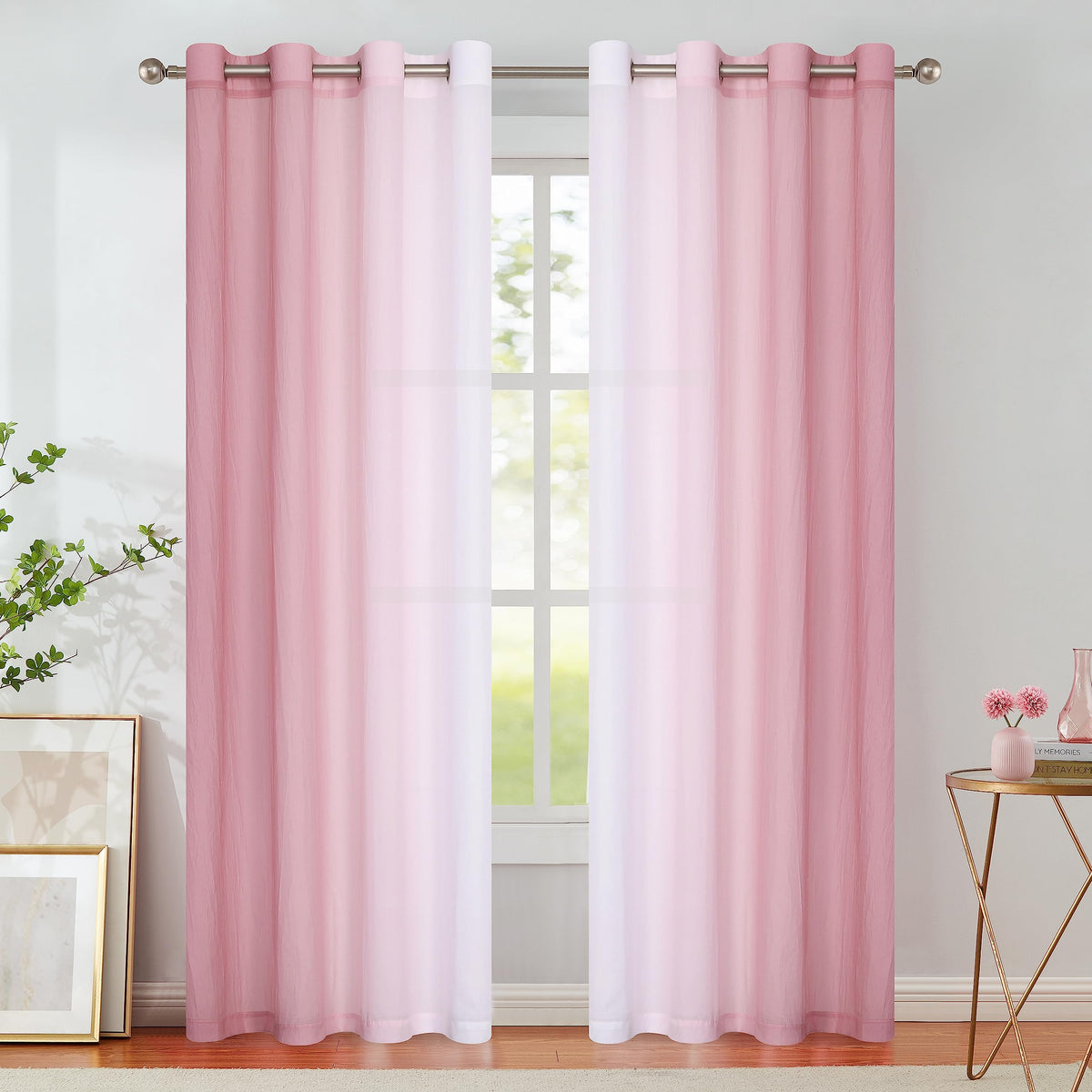 Purainbow pink ombre chiffon curtain panel showing soft gradient light diffusion
